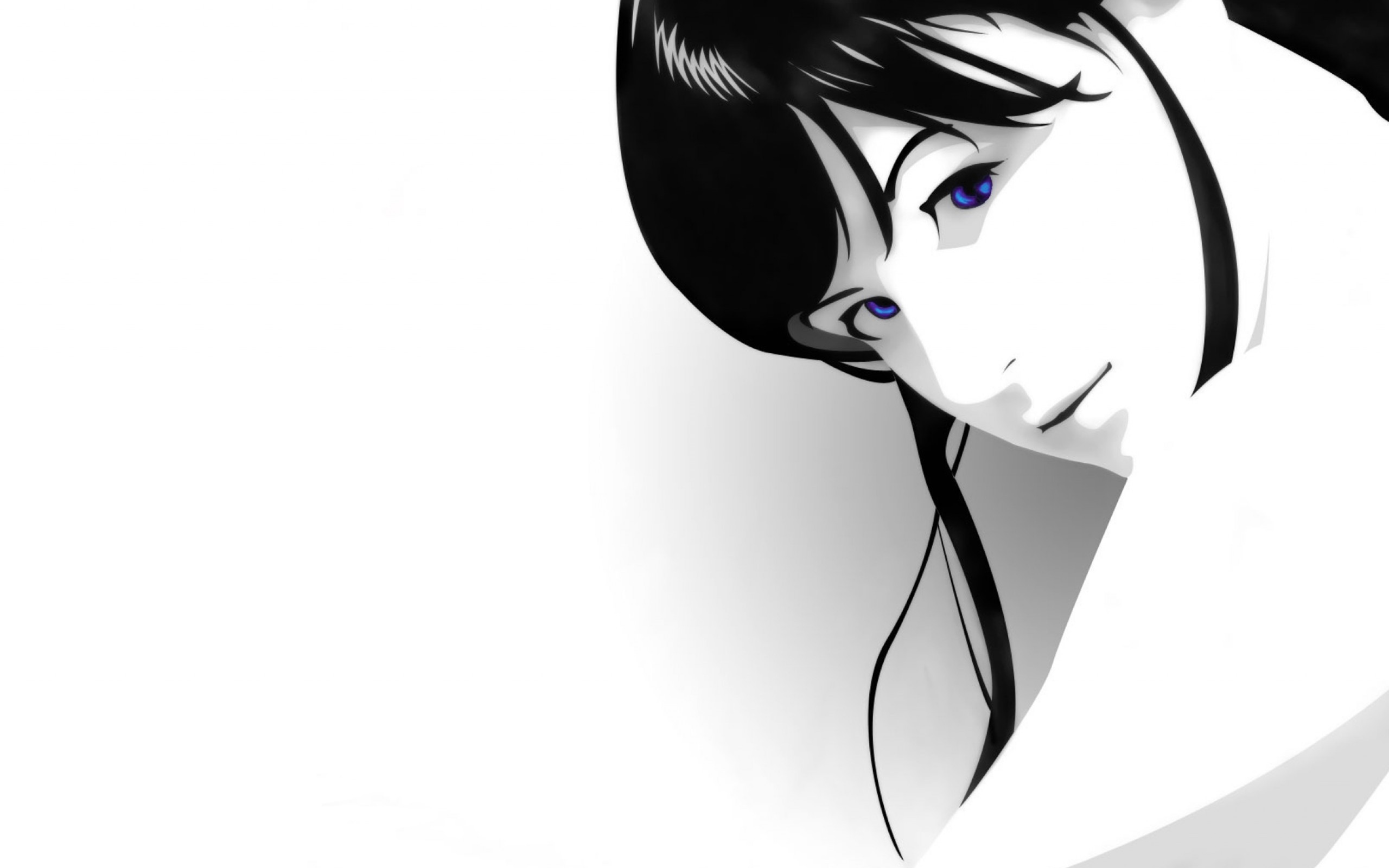 Anime 2560x1600 selective coloring simple background blue eyes artwork women white background looking at viewer face black hair