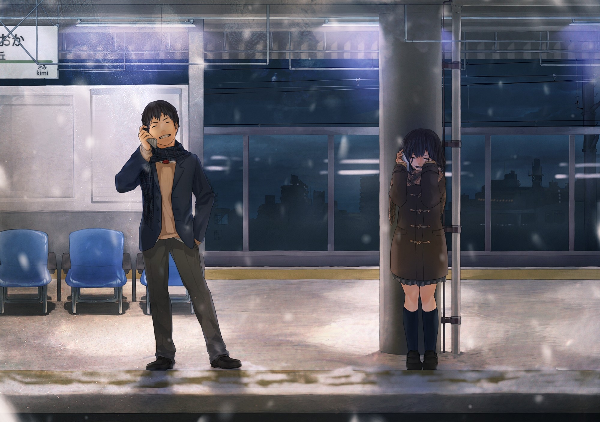 Anime 2000x1408 original characters anime boys crying anime girls smiling Senni train station urban sad tears