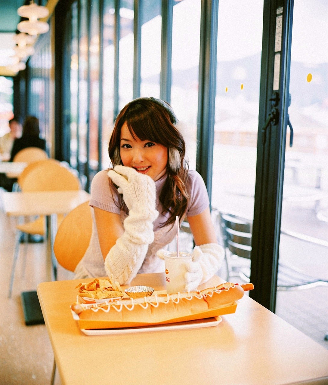 People 1090x1280 Nozomi Sasaki Asian Visual Young Jum cafeteria  hot dogs brunette Japanese women Japanese model smiling looking at viewer women indoors women