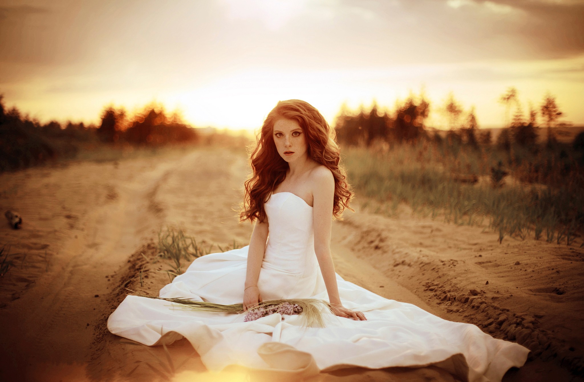 People 2048x1340 women brides redhead white dress dress white clothing dirt road outdoors makeup long hair model looking at viewer