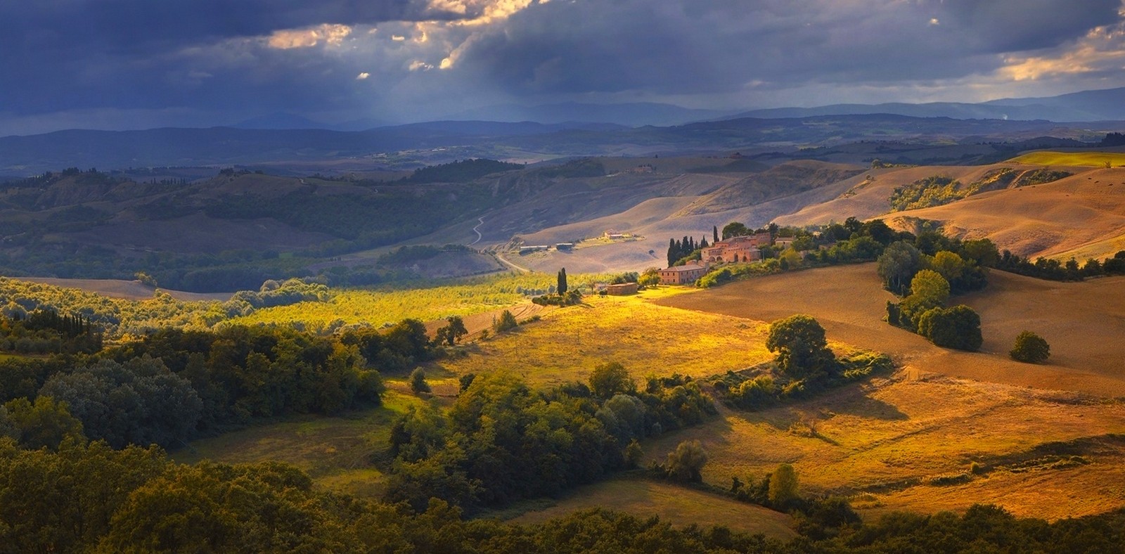 General 1600x788 nature landscape Tuscany mountains forest sunlight field trees Italy