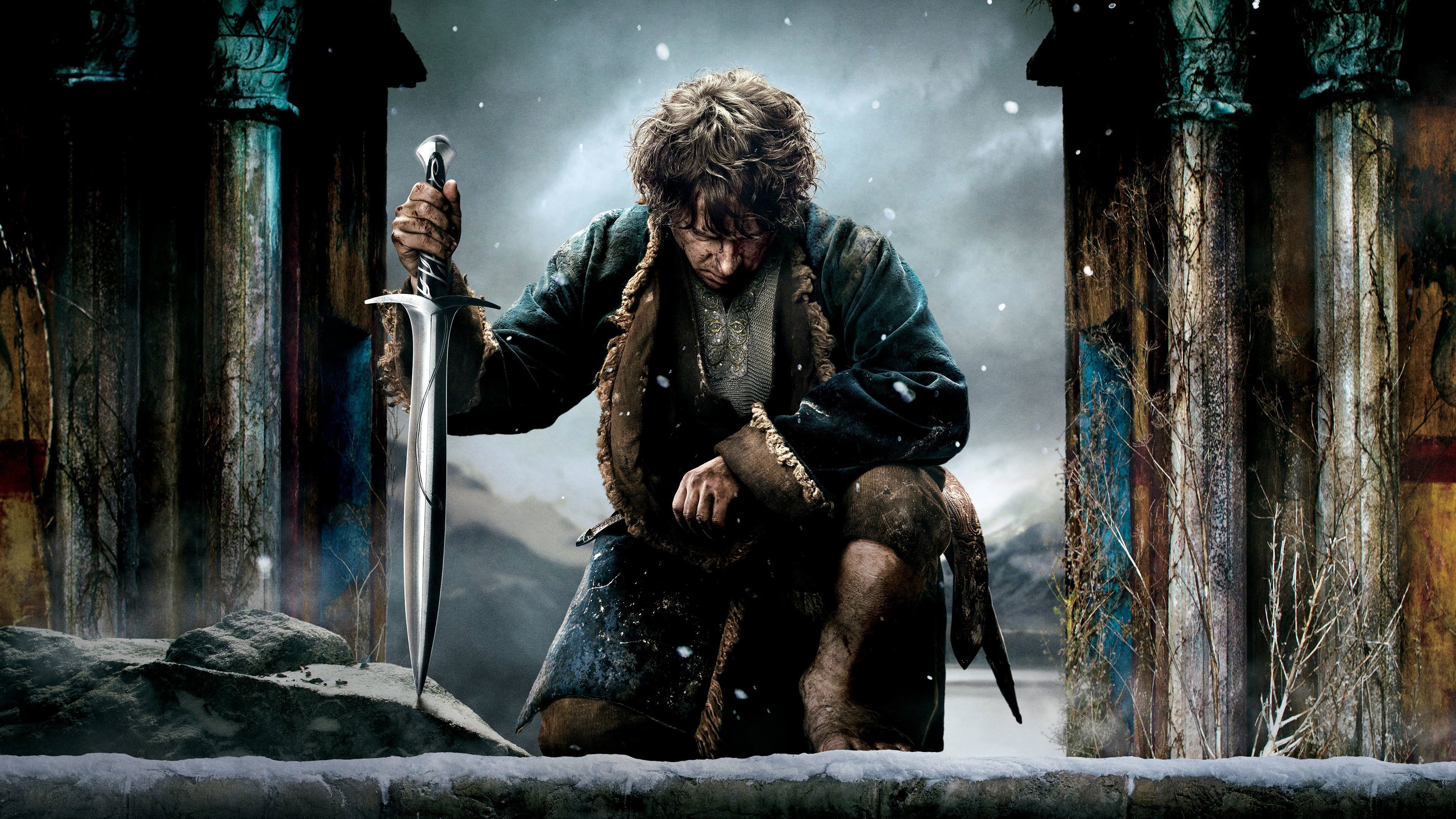 General 3840x2160 The Hobbit movies Bilbo Baggins sword Martin Freeman The Hobbit: The Battle of the Five Armies Sting actor Peter Jackson J. R. R. Tolkien Book characters