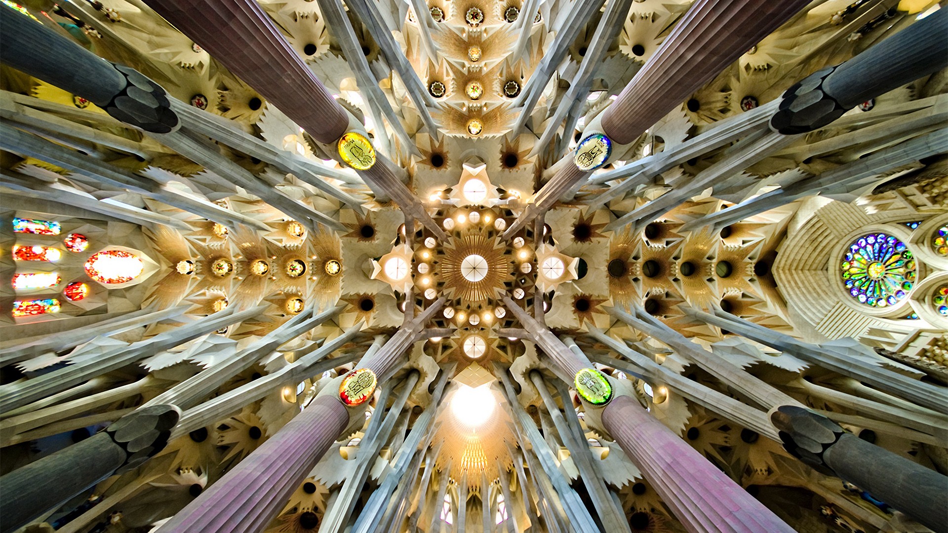 General 1920x1080 architecture cathedral Sagrada Familia Barcelona Spain arch rooftops worm's eye view pillar mosaic window interior symmetry bottom view