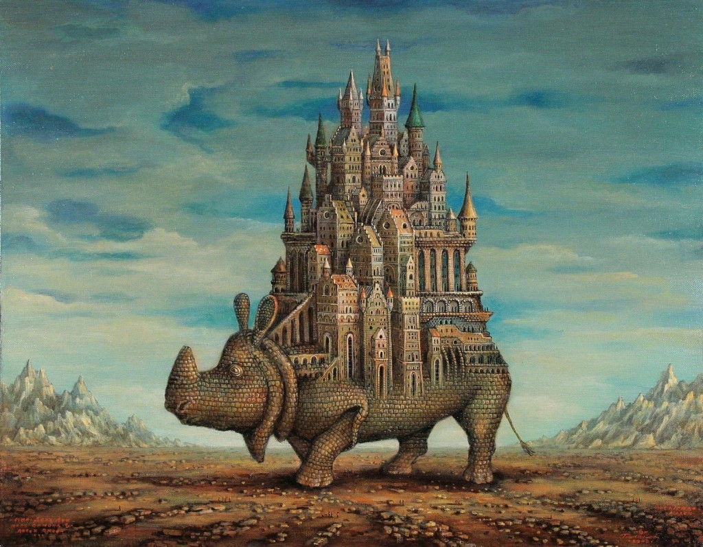 General 1024x797 fantasy art artwork drawing rhino bricks castle tower rocks clouds surreal animals