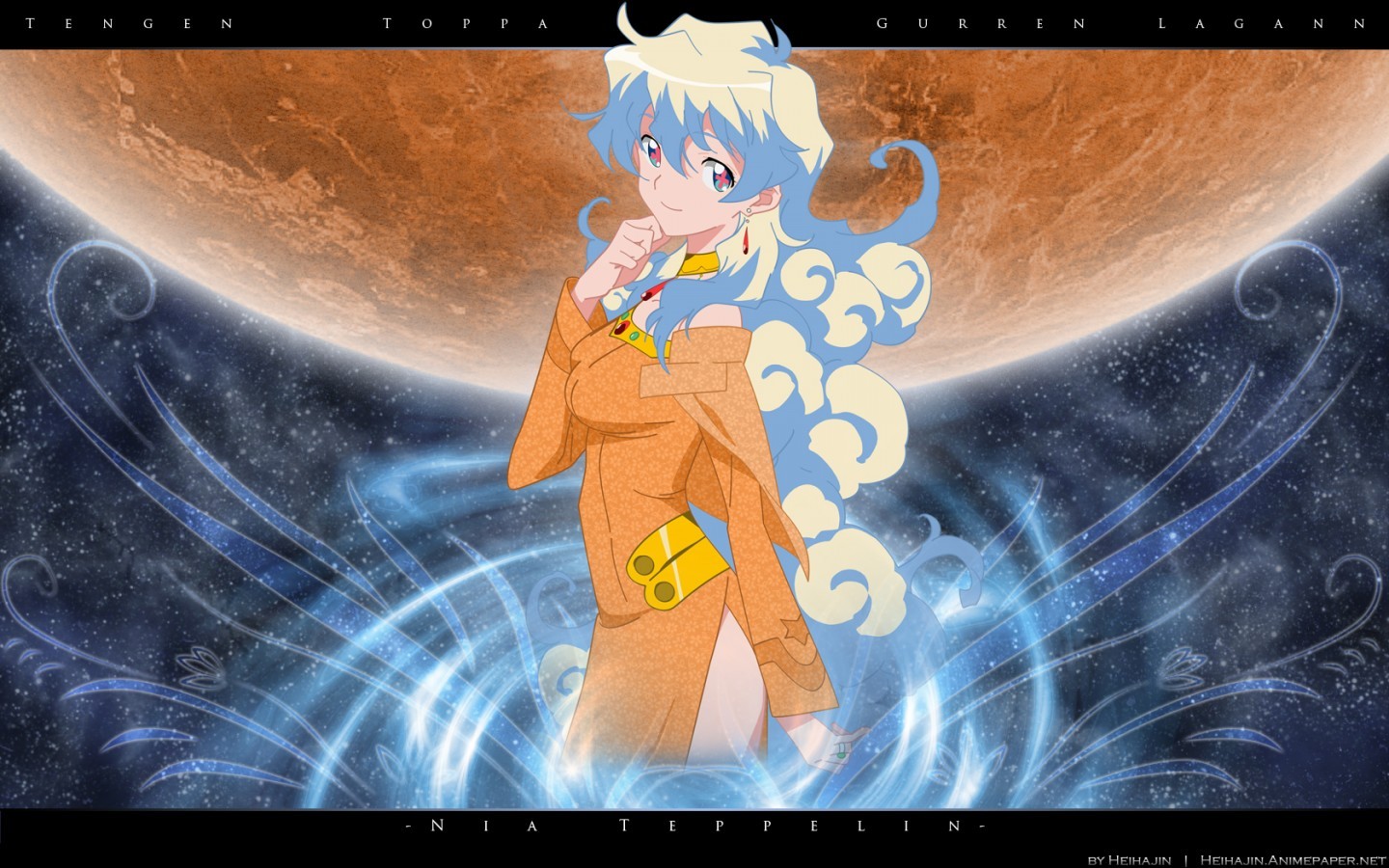 Anime 1440x900 Teppelin Nia anime girls anime Tengen Toppa Gurren Lagann blue hair smiling standing looking at viewer