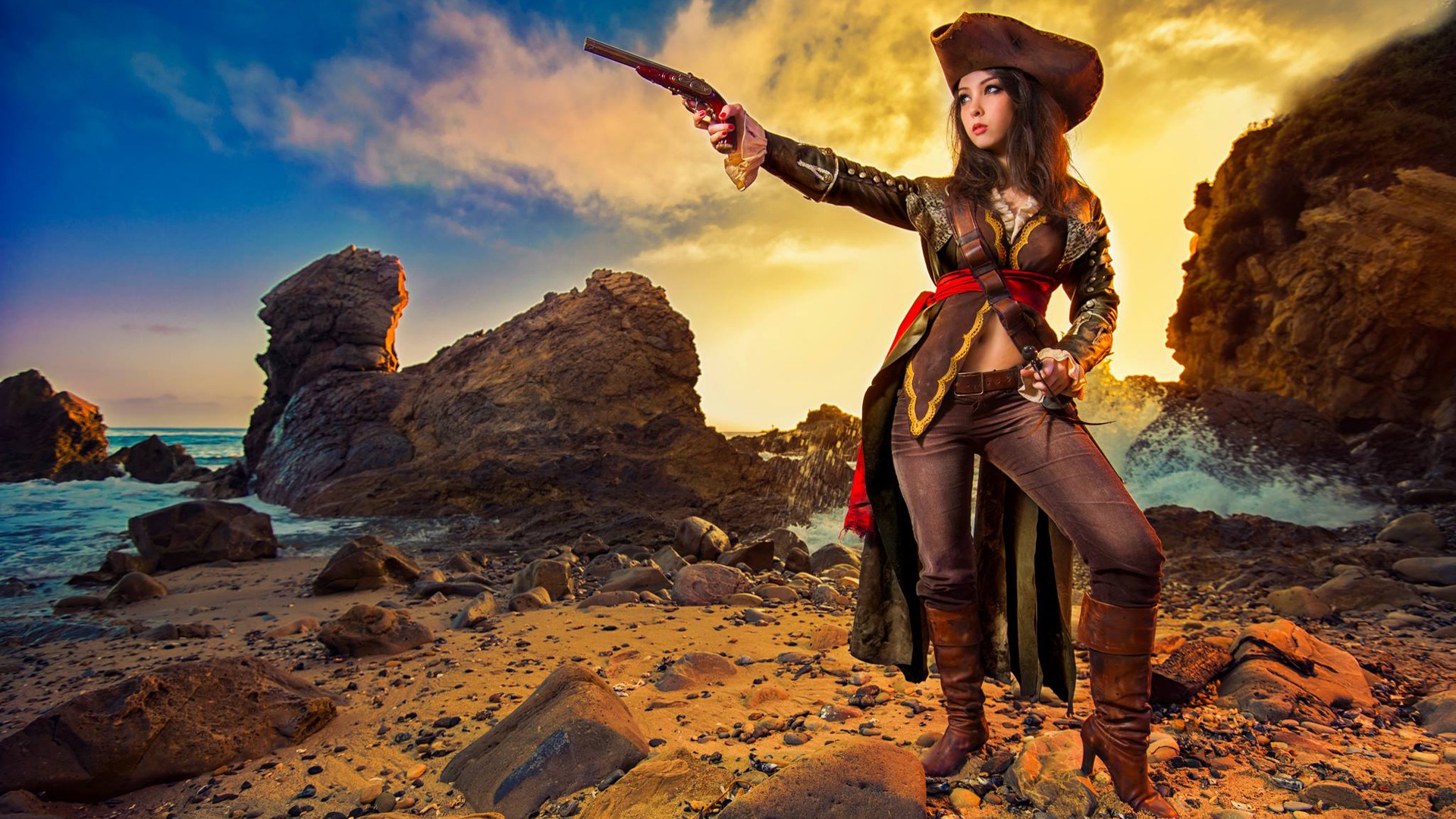 People 1920x1080 Monika Lee Assassin's Creed cosplay video game girls gun pirates women model standing elly heels boots makeup hat women with hats pirate hat