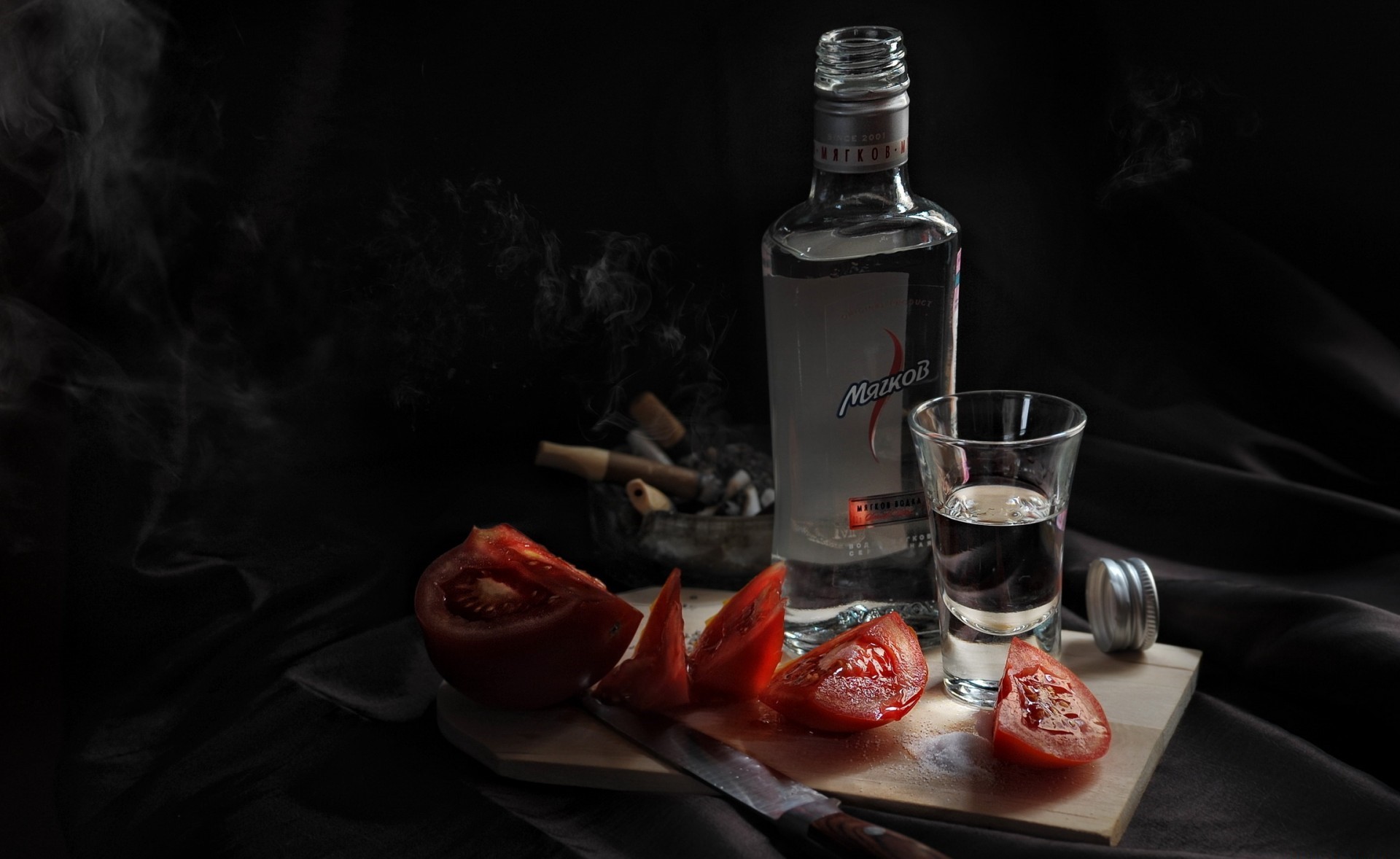 General 1920x1178 tomatoes alcohol food bottles vegetables still life knife vodka Russian