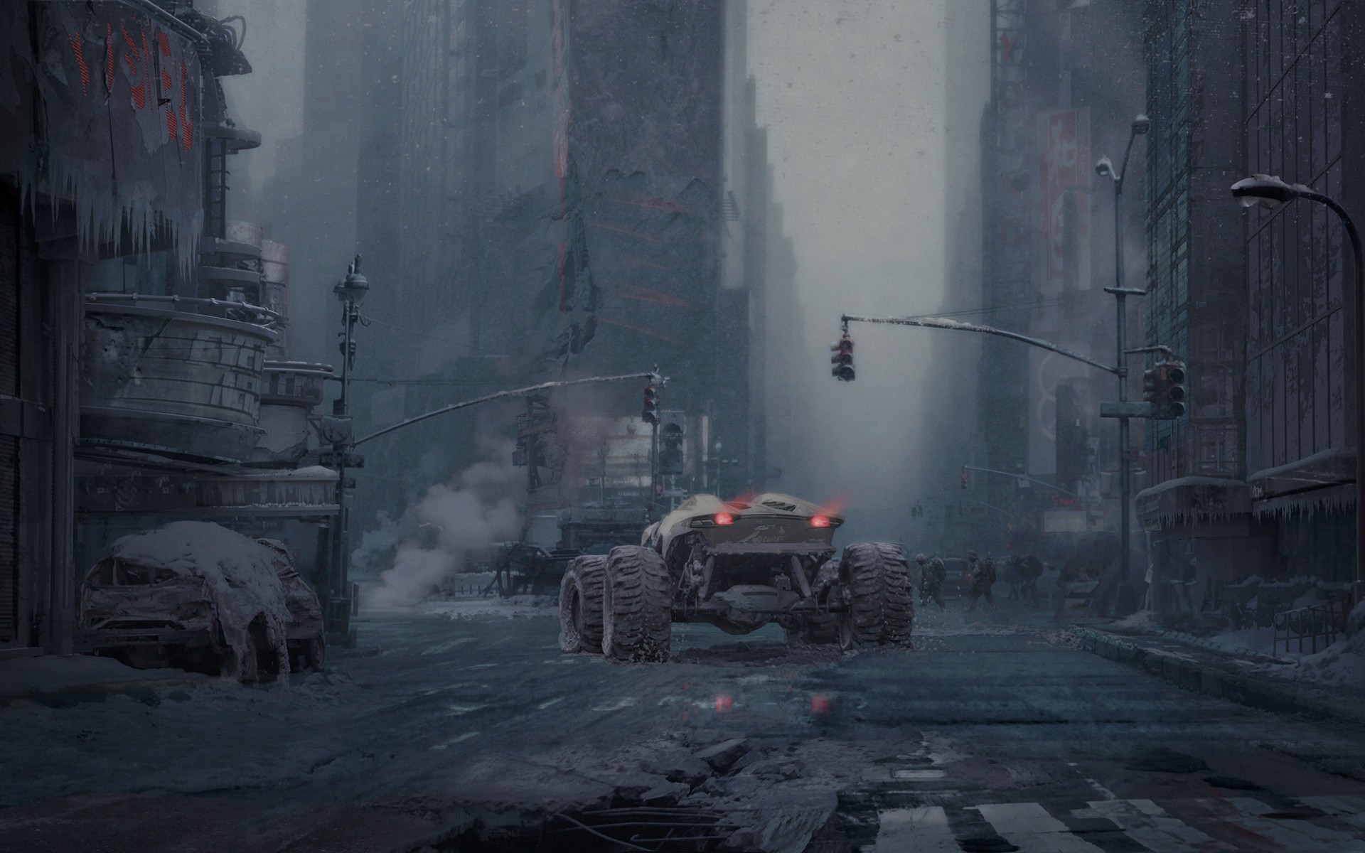 General 1920x1200 science fiction car road people artwork building wreck apocalyptic dystopian digital art