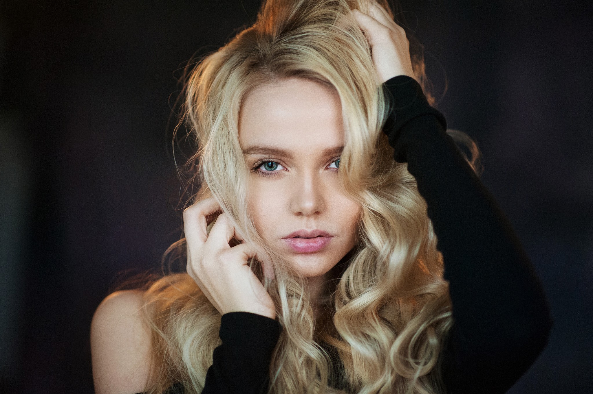 People 2048x1363 women blonde blue eyes hands in hair Maxim Maximov Maria Popova holding hair black sweater touching hair looking at viewer black clothing curly hair hands on head pink lipstick women indoors indoors 500px simple background