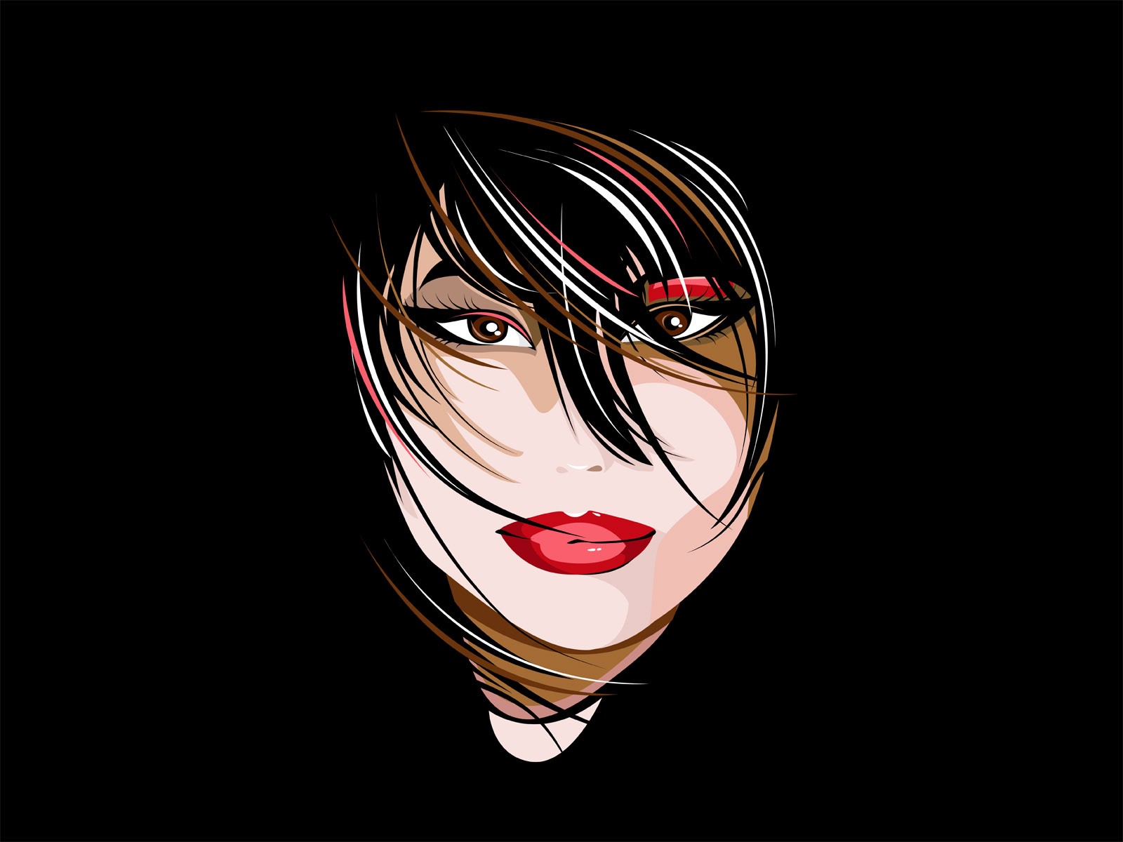 General 1600x1200 artwork women face red lipstick simple background brown eyes hair in face black background lipstick