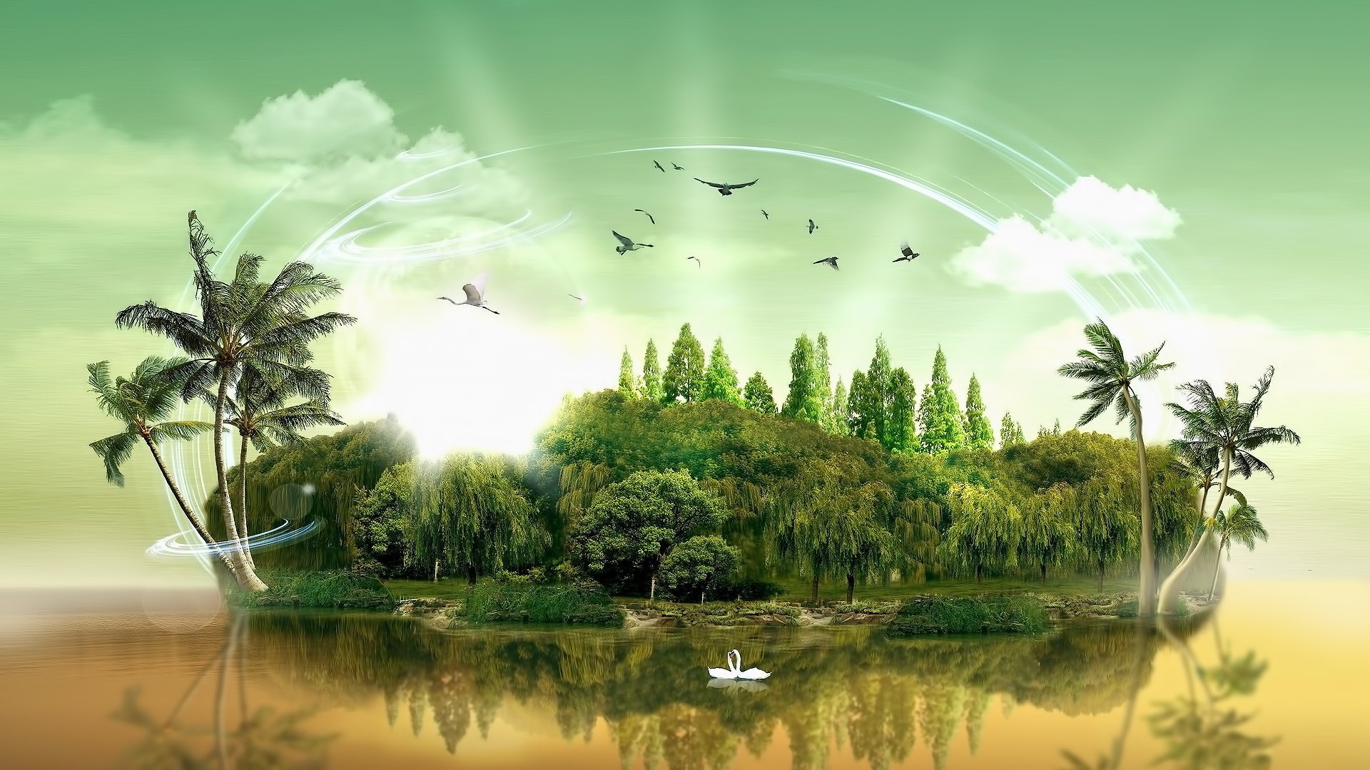 General 1920x1080 digital art nature landscape grass island water trees forest palm trees birds swans clouds reflection light trails