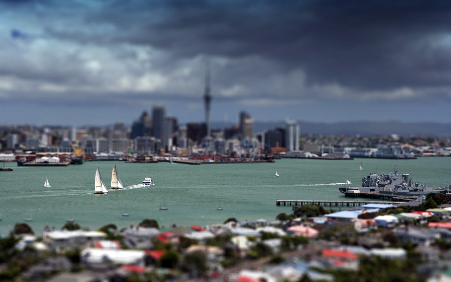 General 1440x900 city cityscape digital art Auckland tilt shift New Zealand sky yacht water
