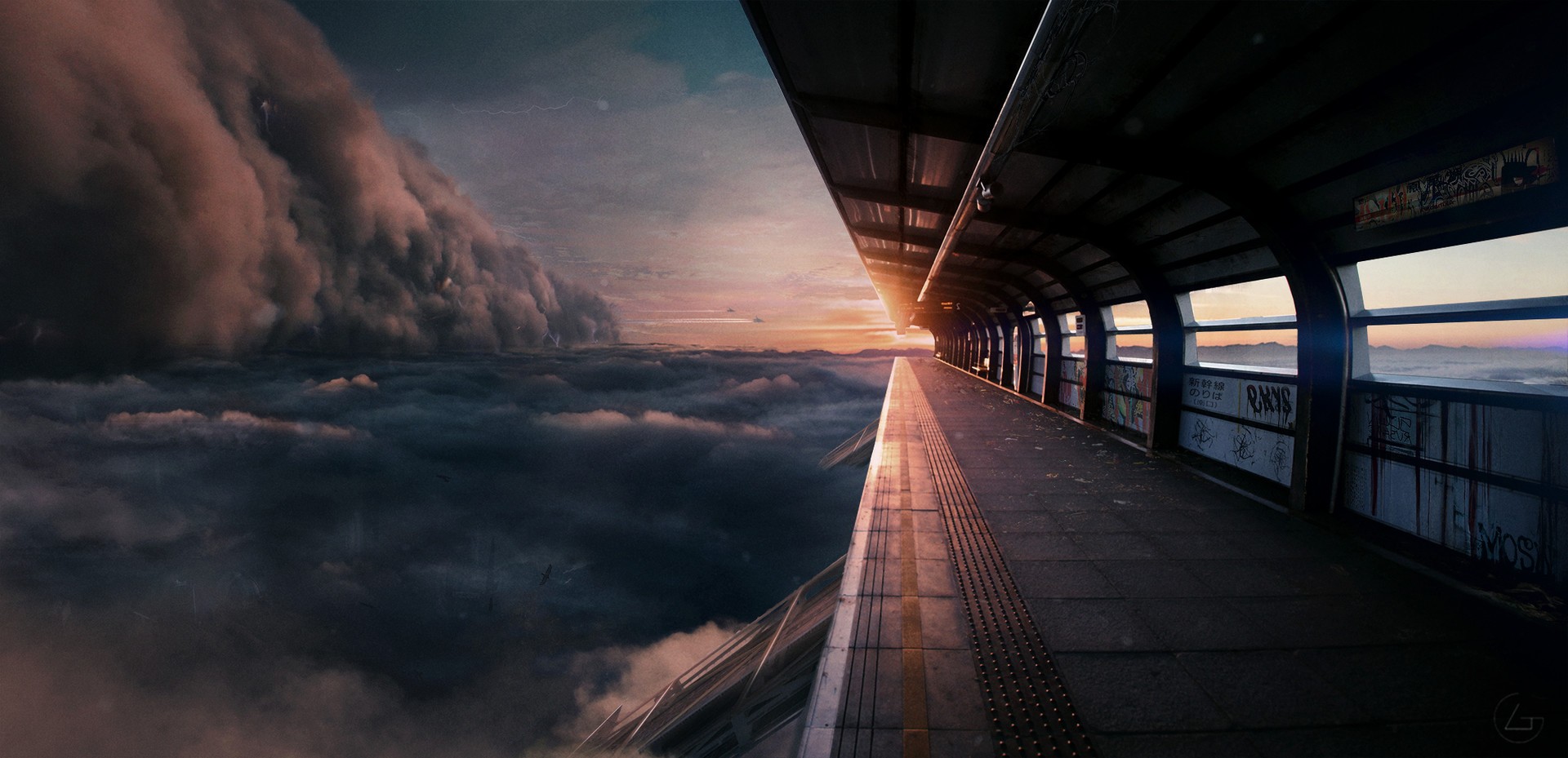 General 1920x929 skyline futuristic clouds train station cliff landscape spaceship digital art sky