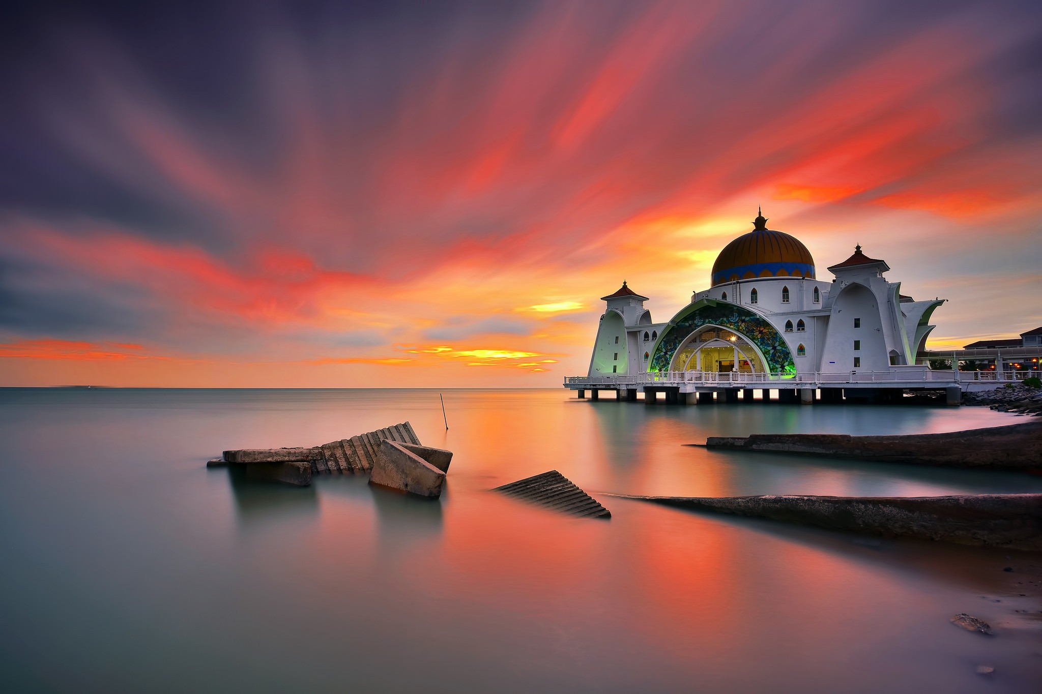 General 2048x1365 mosque Malaysia sea sunset long exposure orange sky sky calm waters building outdoors
