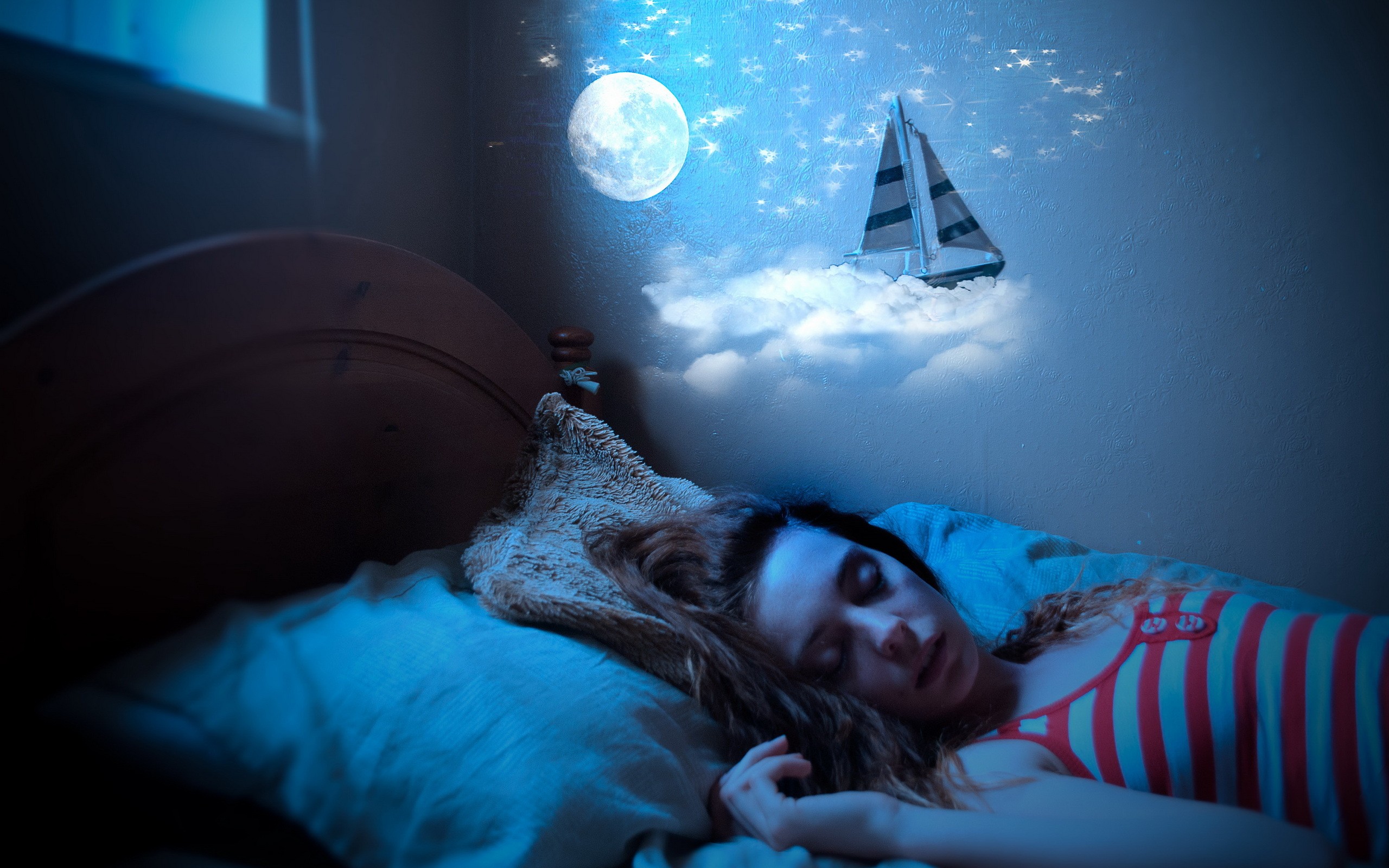 People 2560x1600 fantasy art women sleeping women indoors in bed bed boat Moon sky clouds closed eyes striped clothing digital art