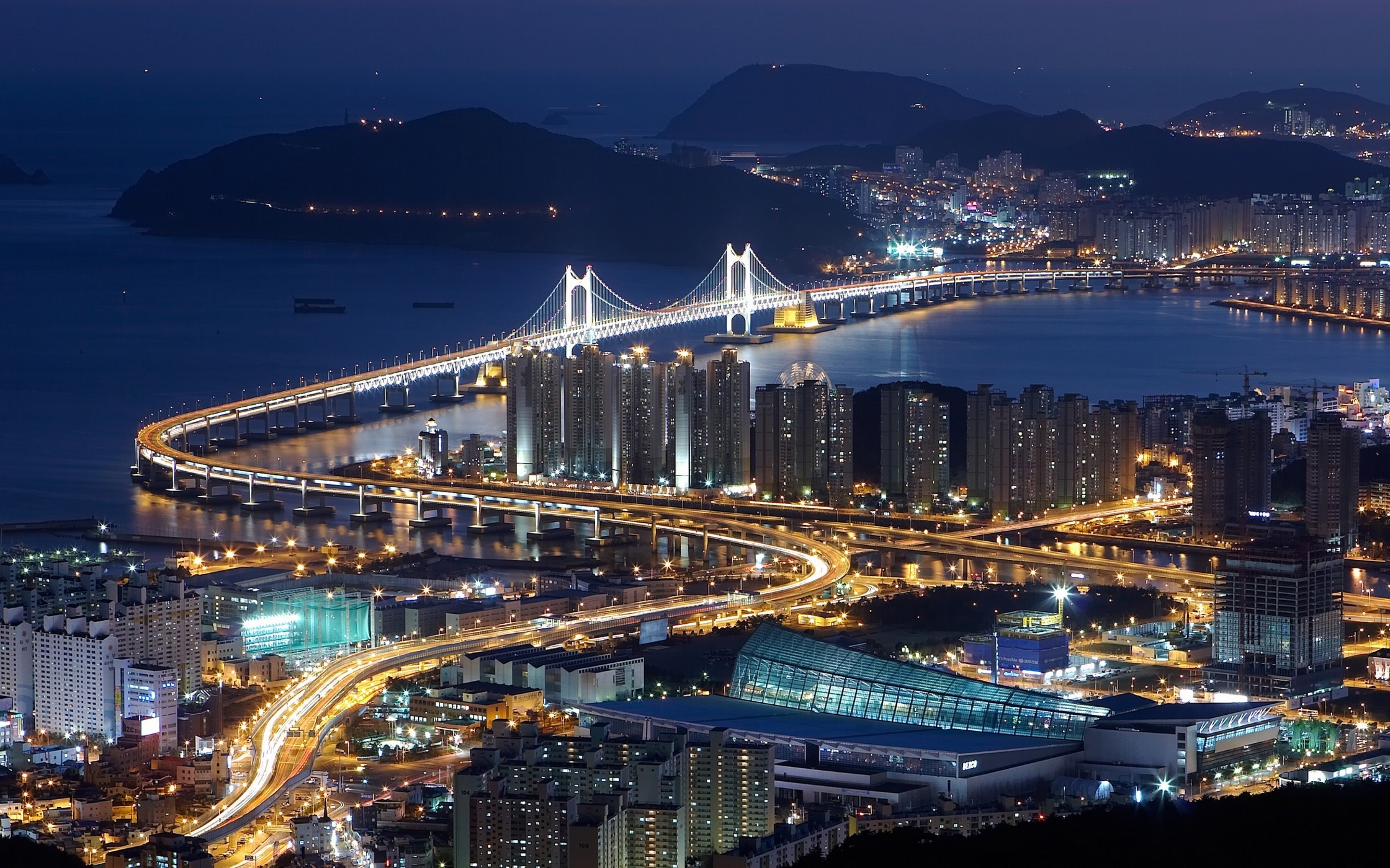 General 2240x1400 city bridge Busan South Korea cityscape highway traffic night sea bay Asia city lights