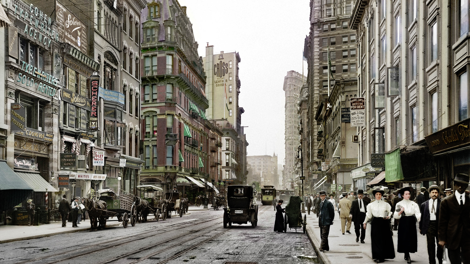 General 1920x1080 colorized photos old photos vintage New York City Manhattan USA street urban people
