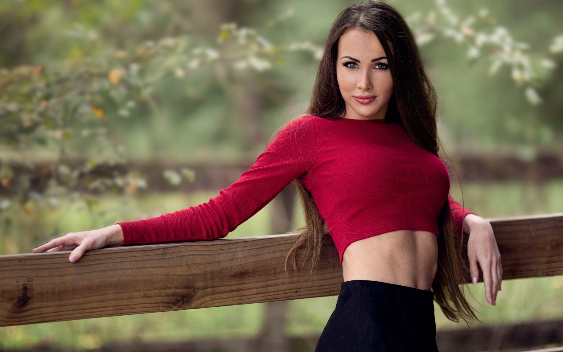 People 1920x1200 women model brunette long hair women outdoors looking at viewer nature trees skirt wood depth of field straight hair makeup red tops bare midriff belly tight Skirt
