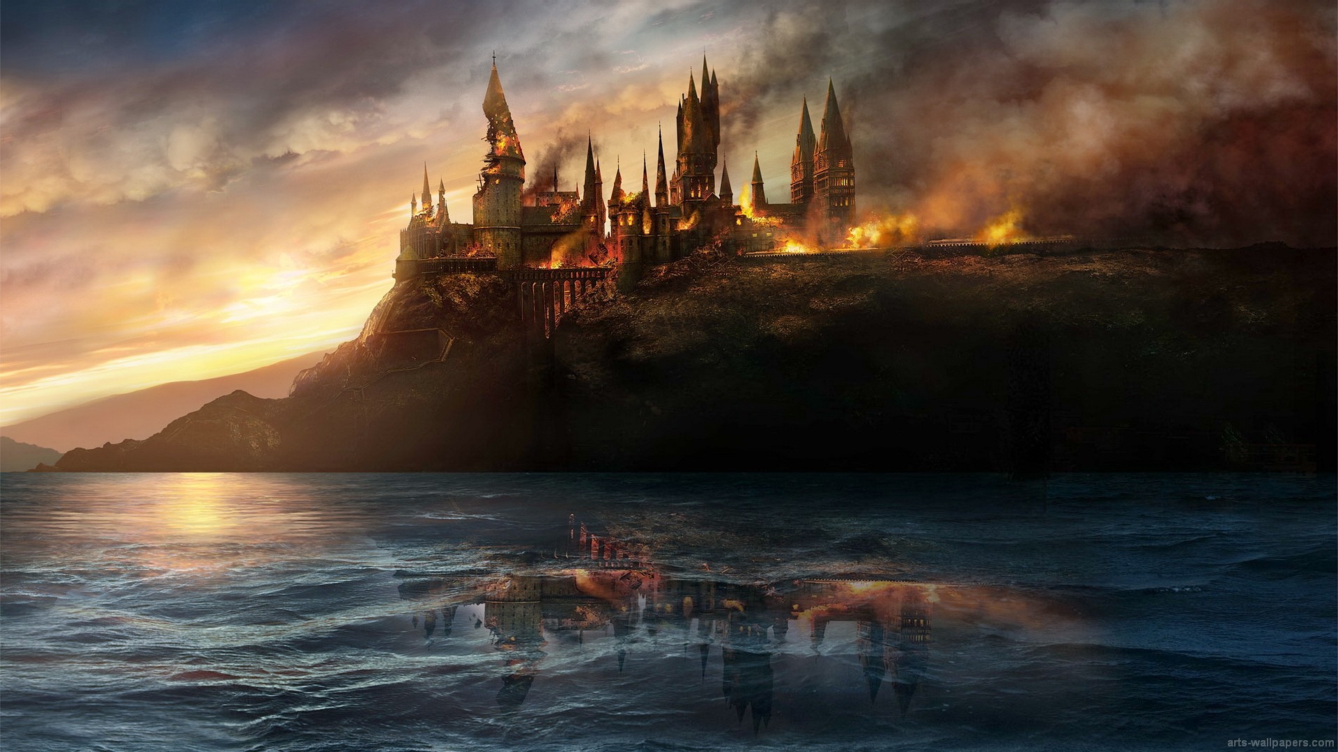 General 1920x1080 Harry Potter Hogwarts movies fire burning reflection