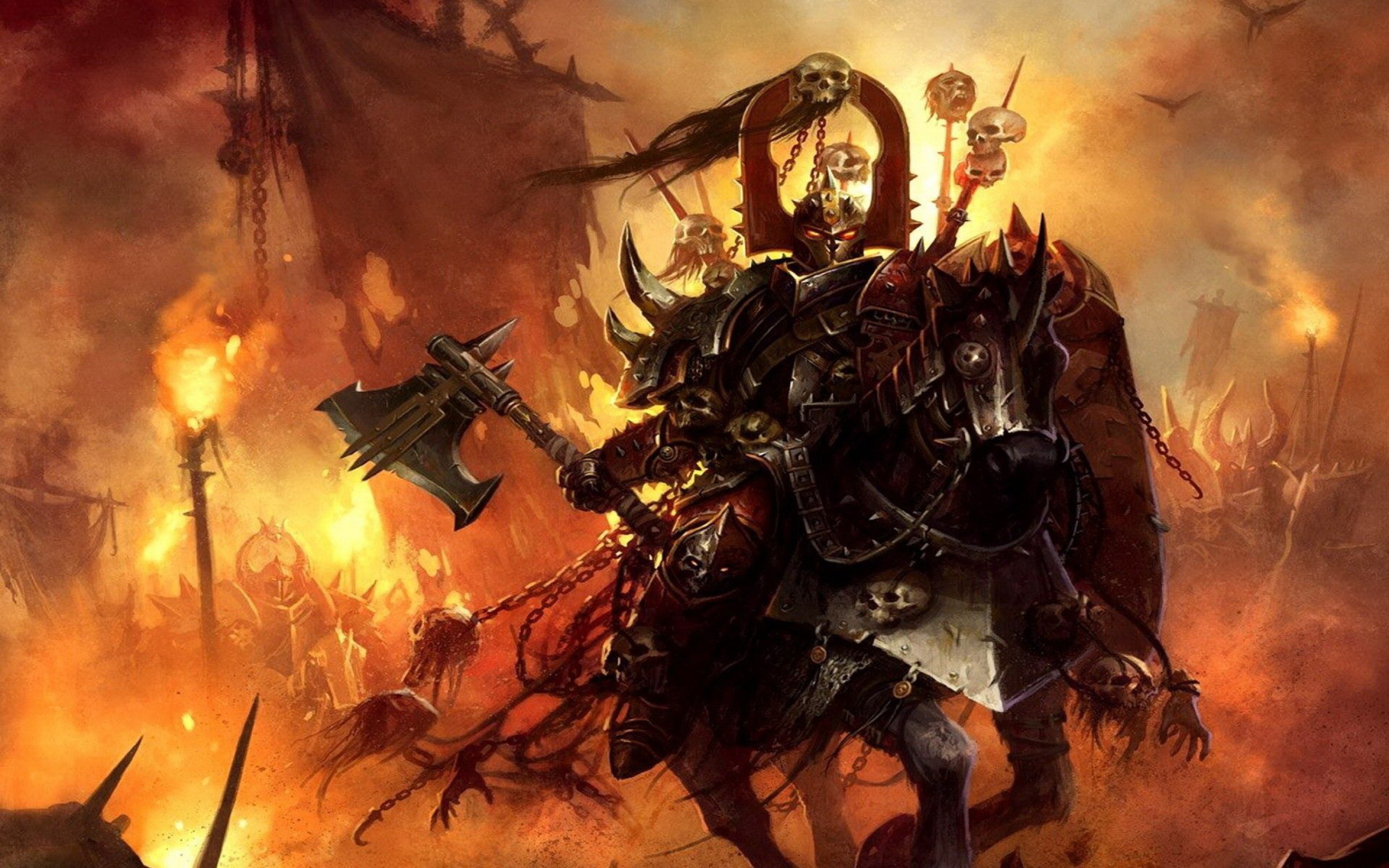 General 2880x1800 Warhammer fantasy art axes armor fire artwork Chaos Knight