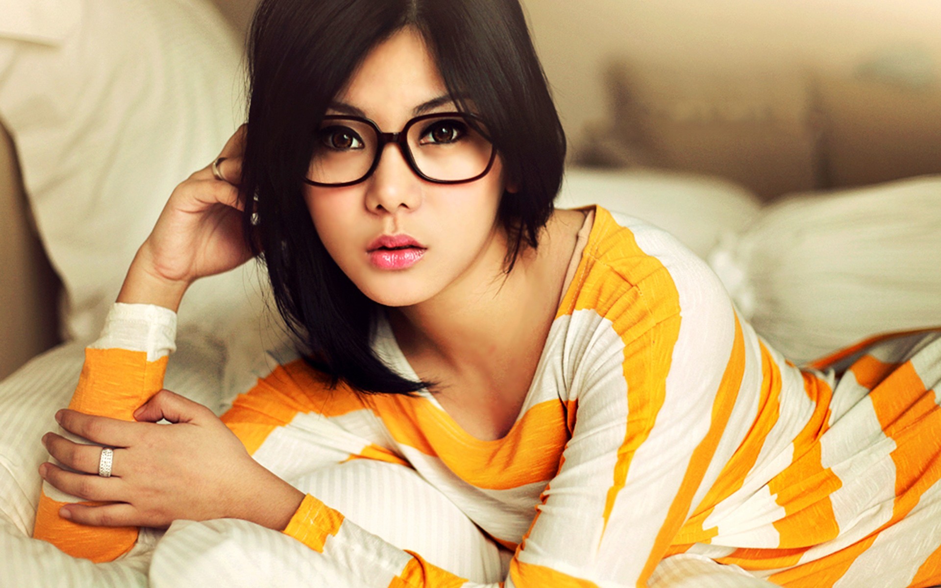 People 1920x1200 women black hair Asian glasses brown eyes striped clothing women with glasses face lipstick women indoors indoors dark eyes looking at viewer