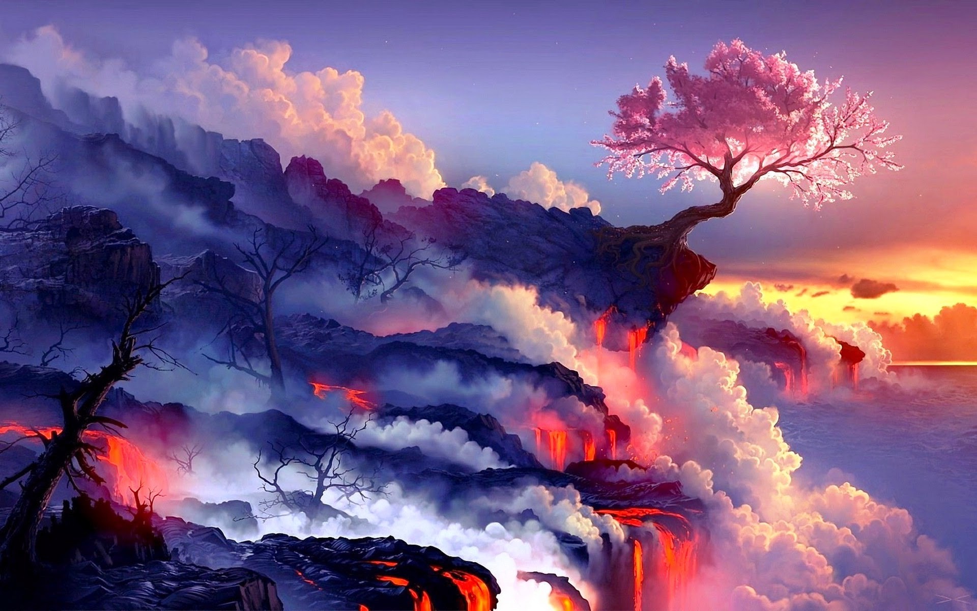General 1920x1200 sunset fantasy art lava trees artwork nature DeviantArt smoke digital art landscape cherry trees