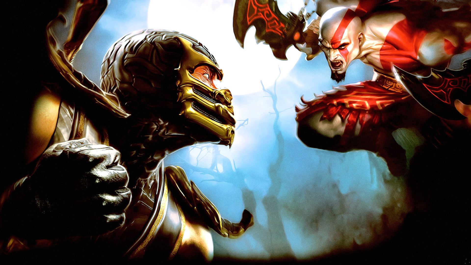 General 1920x1080 Mortal Kombat God of War video games video game warriors video game art crossover Scorpion (Mortal Kombat) video game characters Kratos Video Game Crossover mask fist warrior