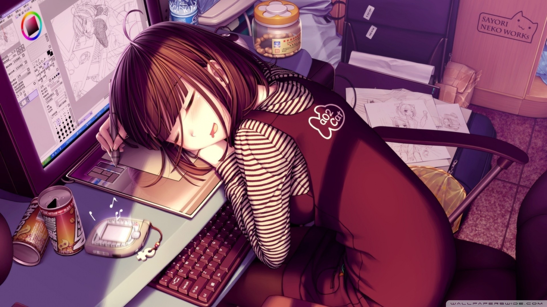 Anime 1920x1080 anime girls sleeping Sayori original characters anime computer keyboards brunette monitor
