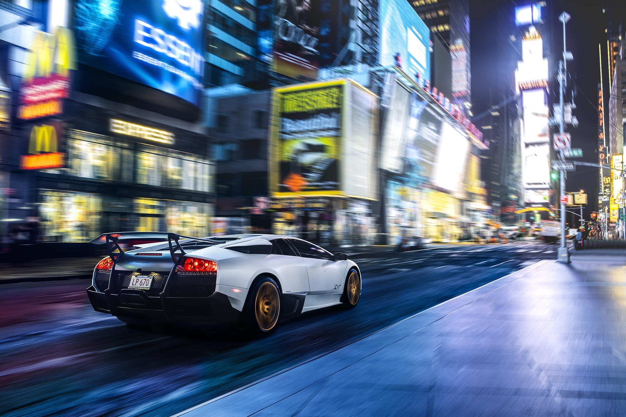 General 2000x1335 Times Square New York City motion blur USA night vehicle white cars Lamborghini Lamborghini Murcielago supercars city urban street long exposure car