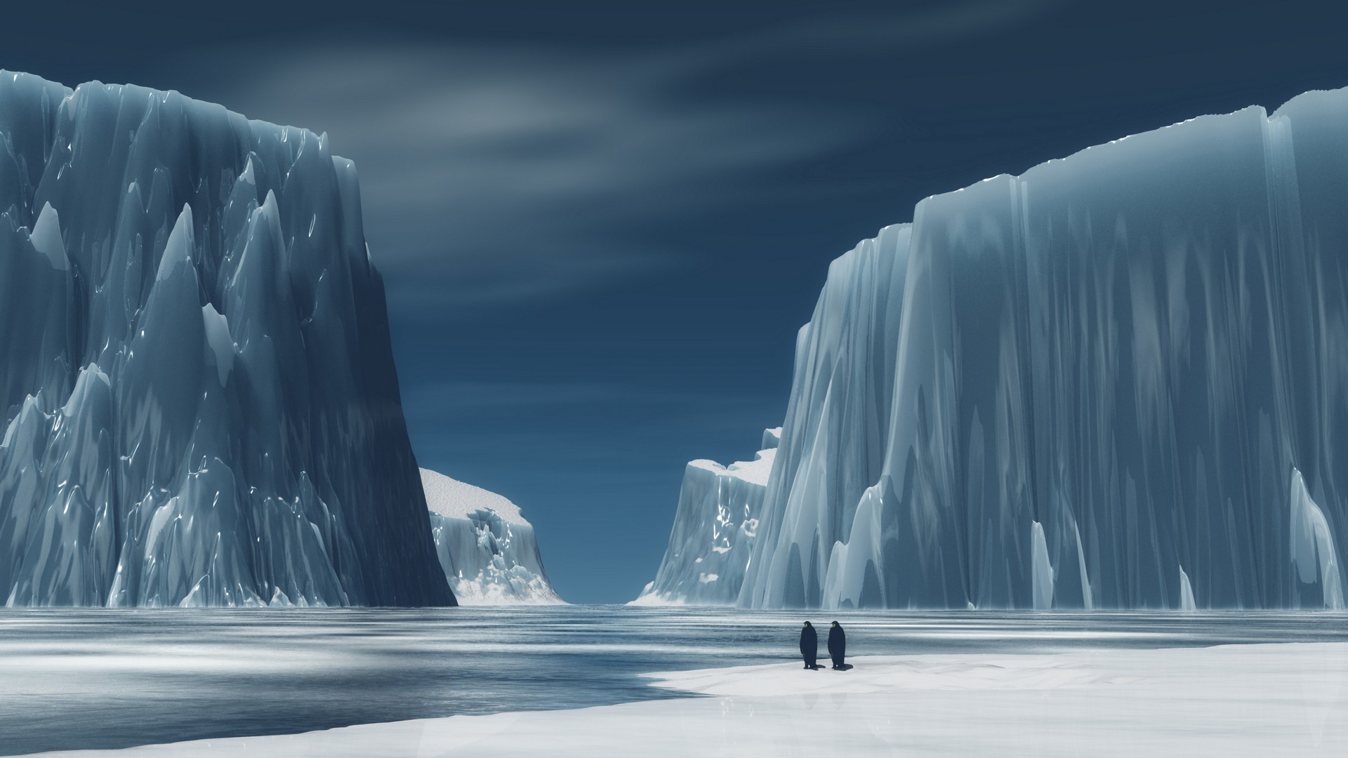 General 1920x1080 mountains river ice snow couple Antarctica penguins digital art Arctic artwork landscape