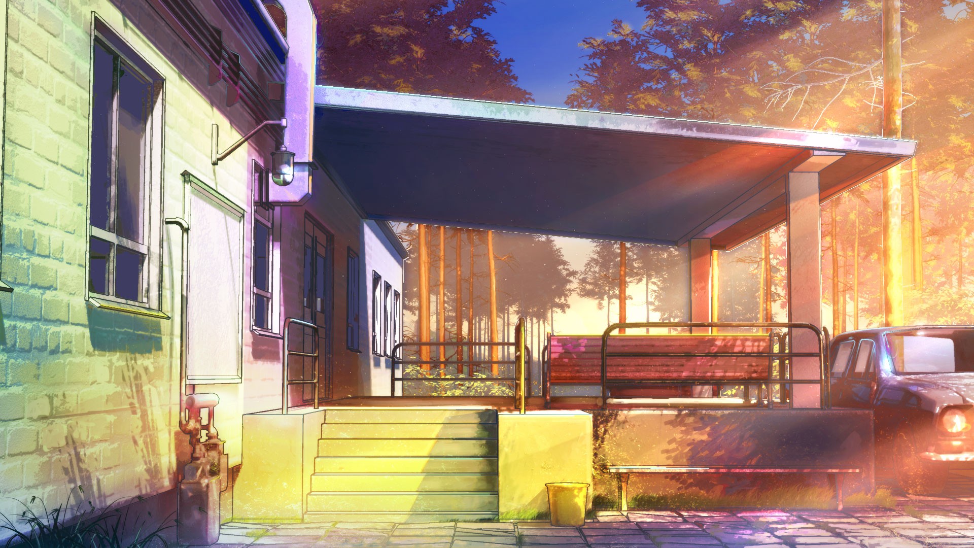 Anime 1920x1080 ArseniXC Everlasting Summer (visual novel) anime house sunlight bench car