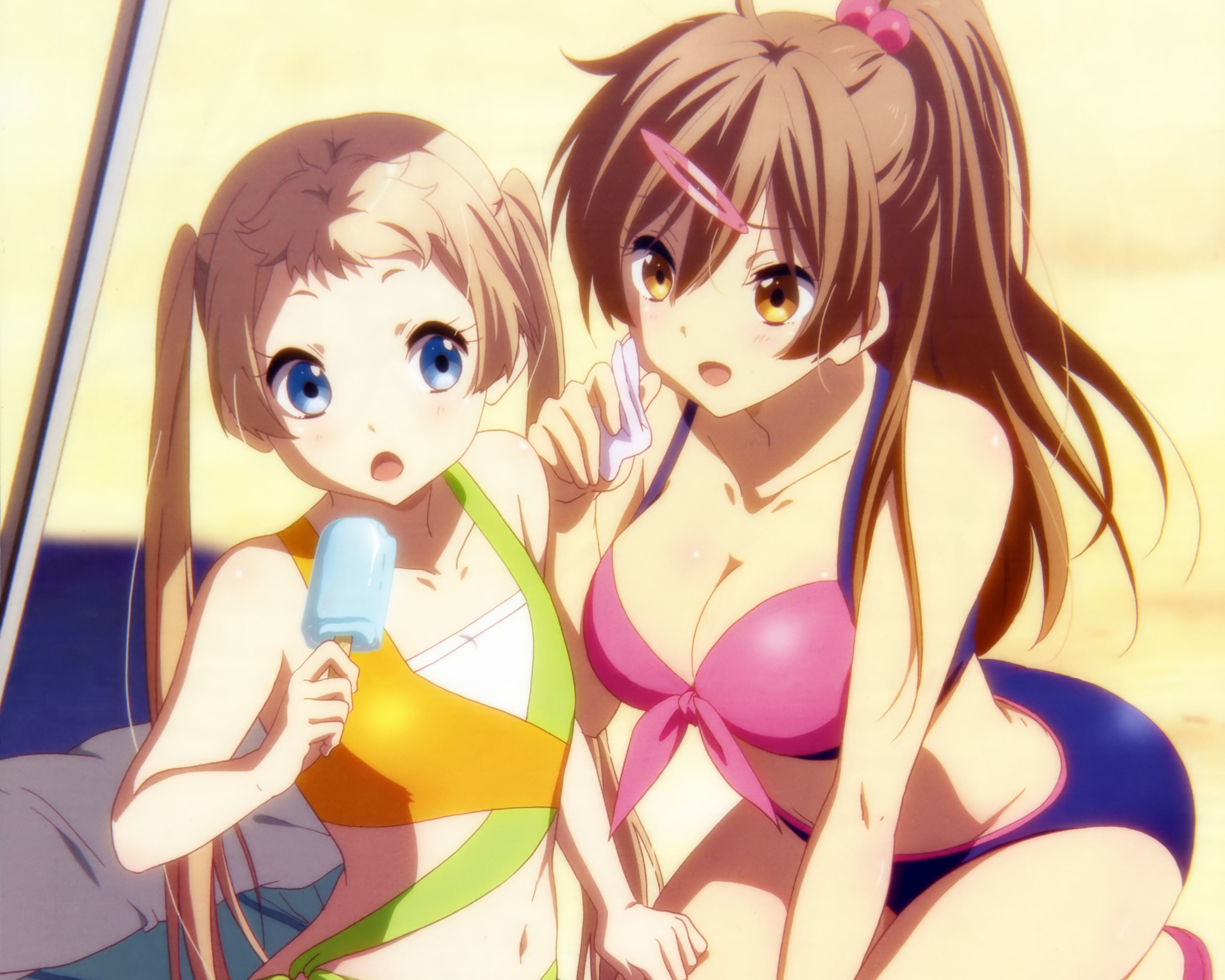 Anime 2560x2048 anime anime girls Nibutani Shinka Dekomori Sanae bikini Chuunibyou demo Koi ga Shitai! food sweets popsicle looking at viewer blue eyes brunette two women boobs