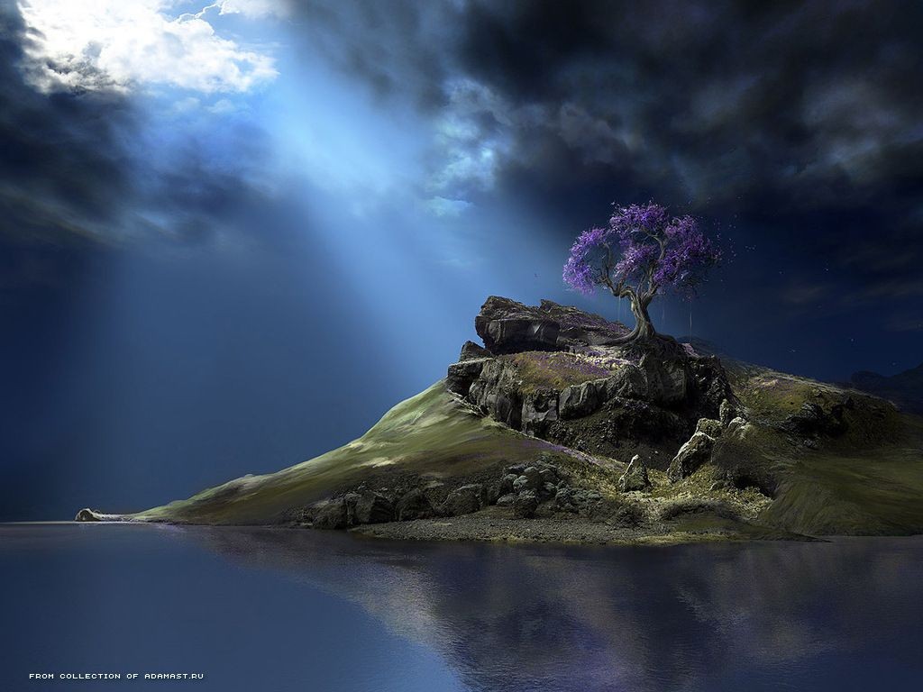 General 1024x768 island digital art reflection water trees sky clouds