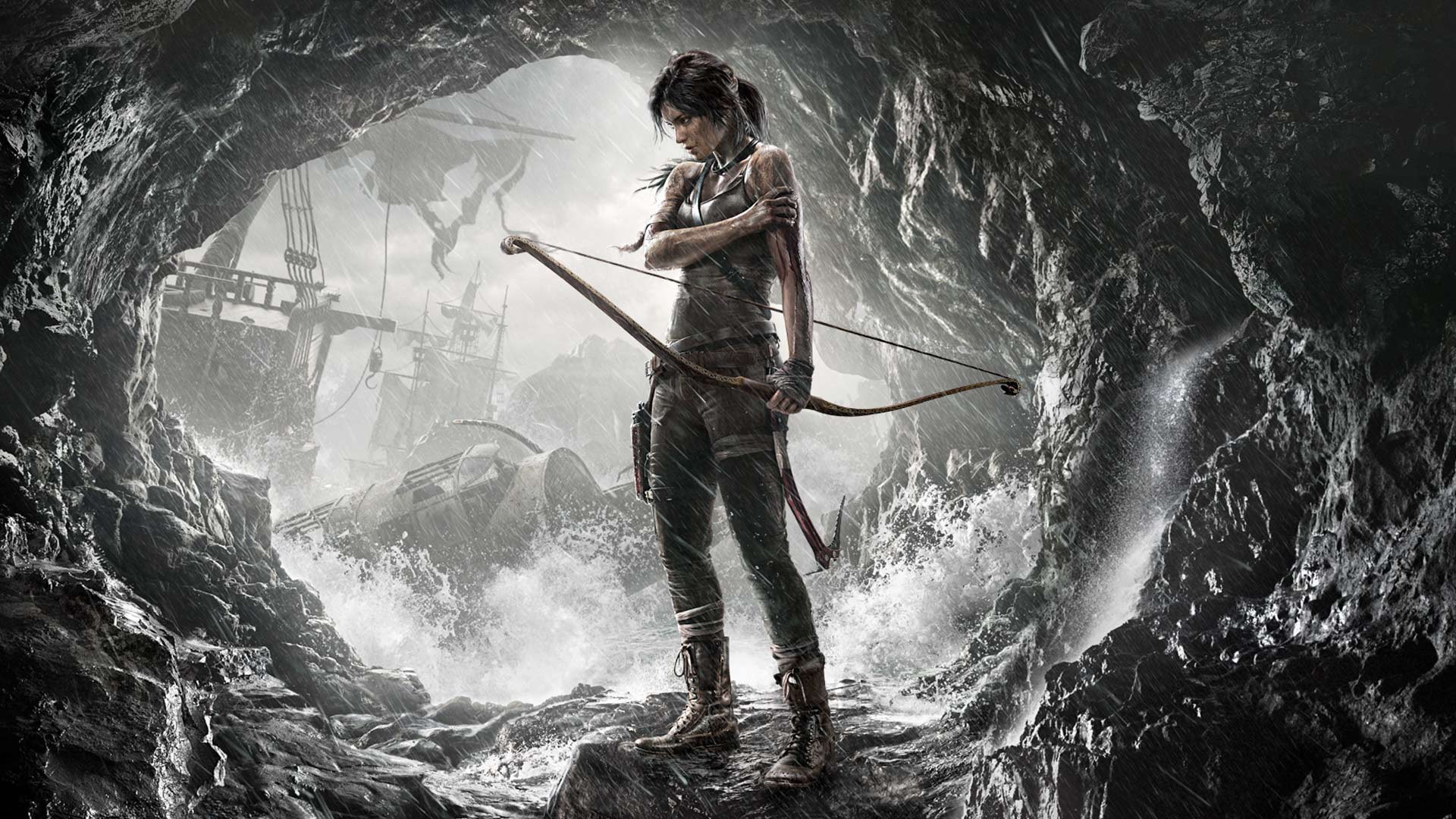 General 1920x1080 Tomb Raider cave bow wreck shipwreck water splash video games video game art video game girls women video game characters Lara Croft (Tomb Raider) Tomb Raider (2013)