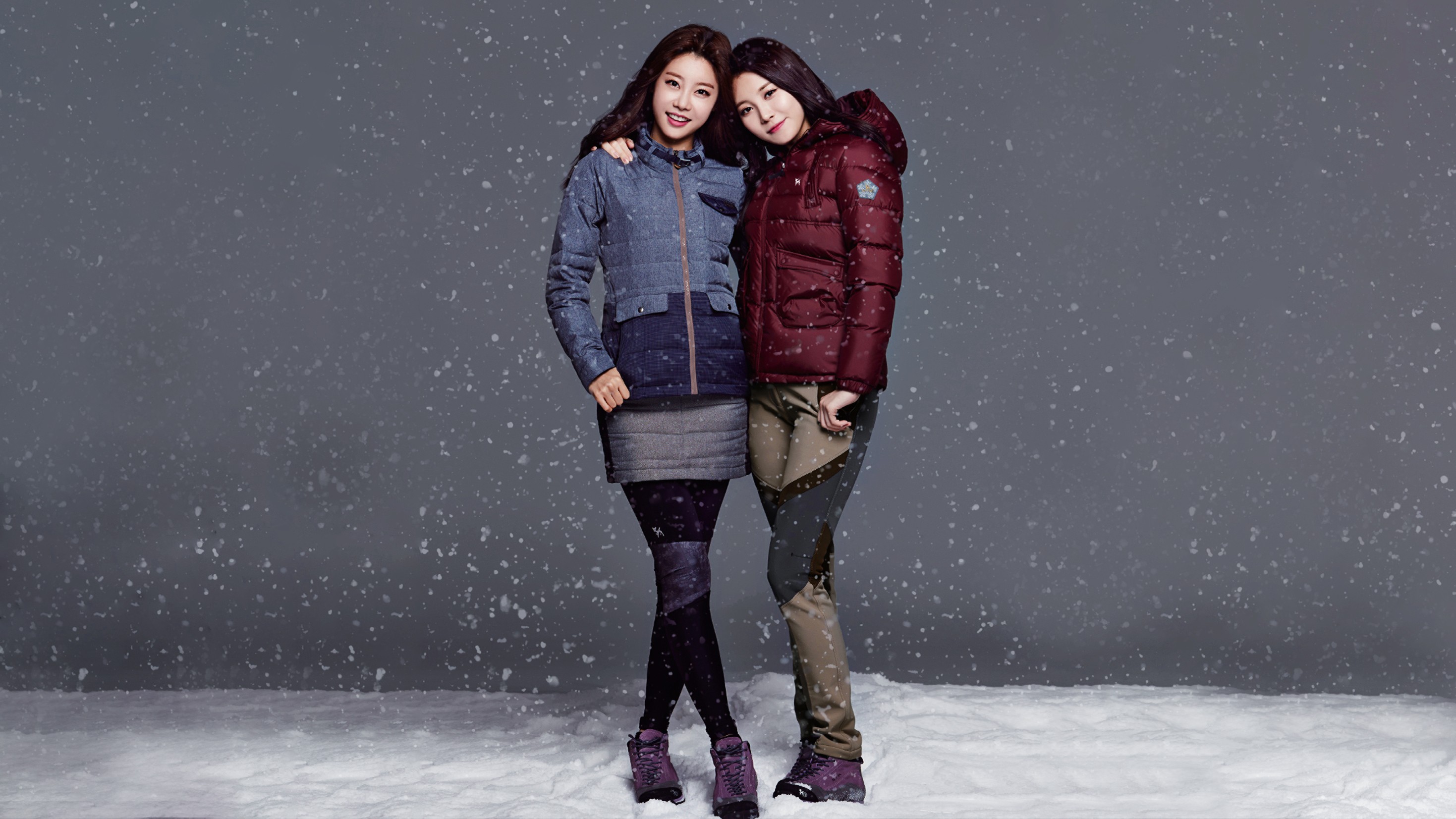 People 2938x1653 women Asian winter snow Korean model smiling red jackets blue jacket two women standing makeup looking at viewer