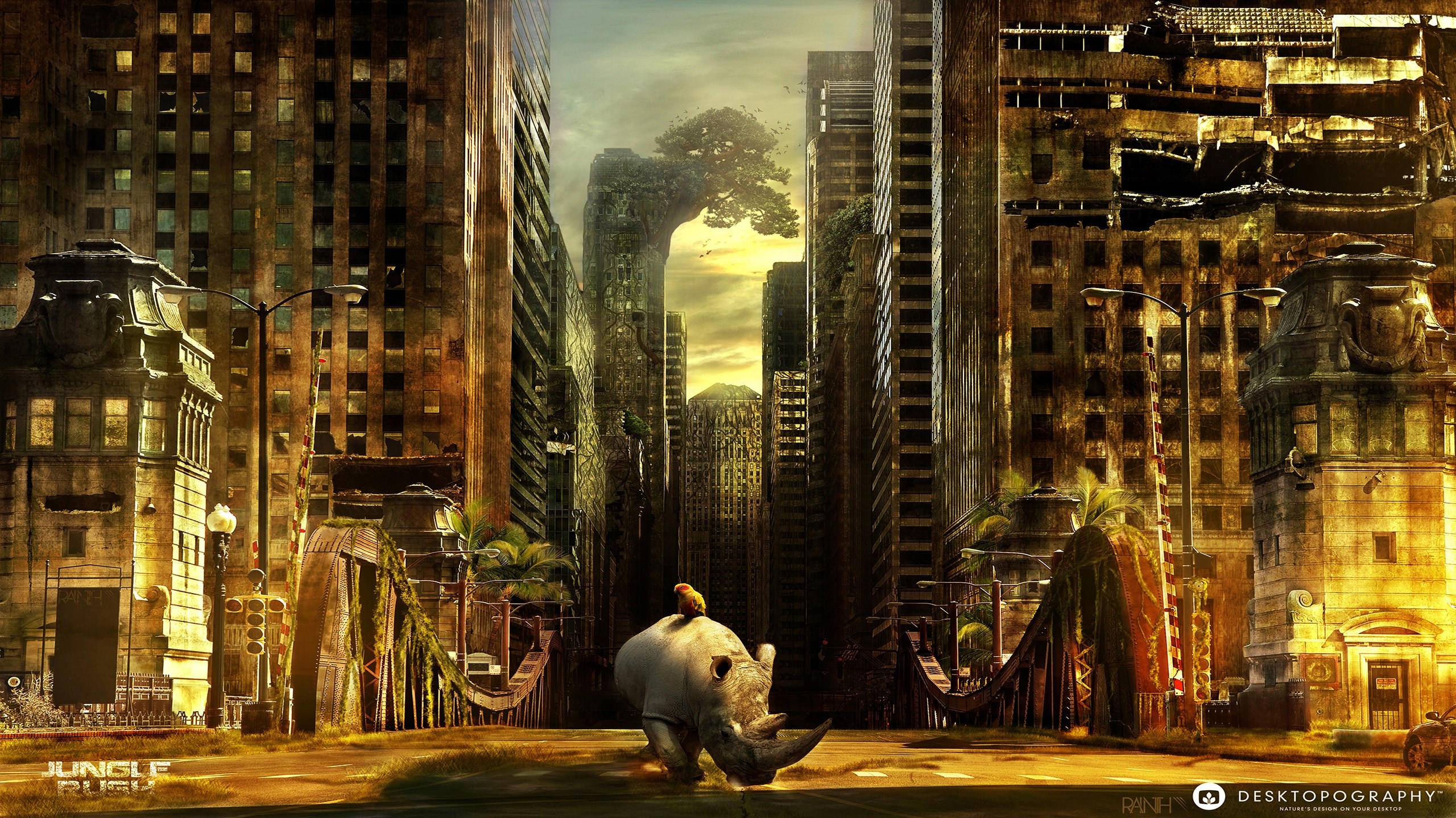 General 2560x1440 Desktopography city rhino surreal cityscape CGI digital art
