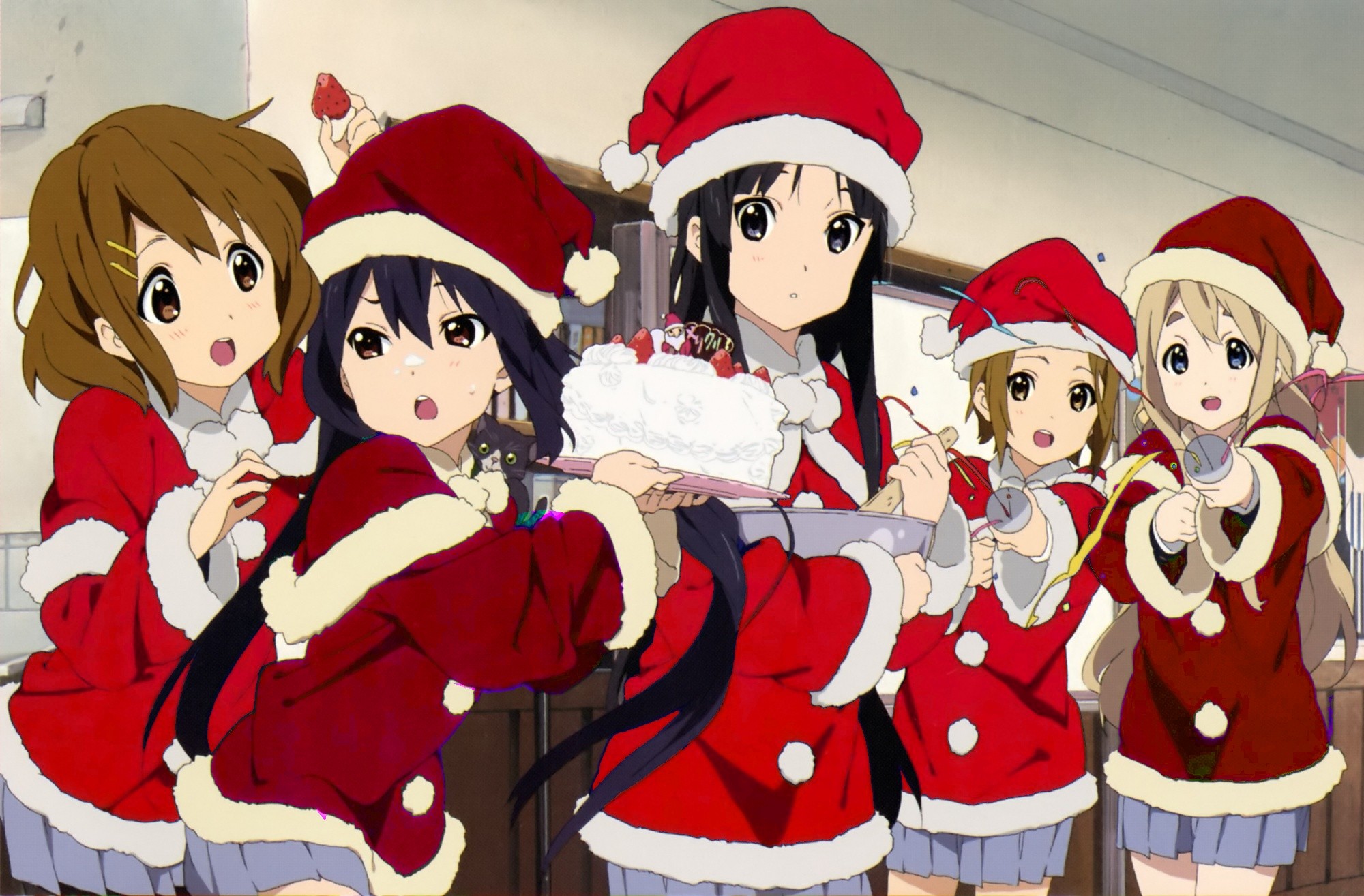 Anime 2000x1315 K-ON! Nakano Azusa Akiyama Mio Tainaka Ritsu Kotobuki Tsumugi Hirasawa Yui Christmas anime anime girls Santa hats Santa costume group of women food cake sweets
