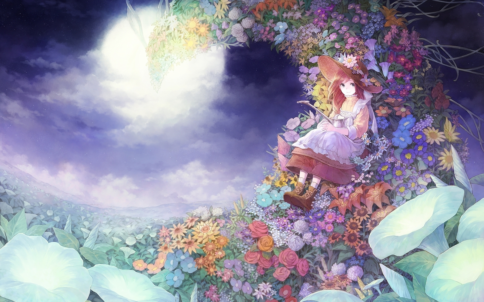 Anime 1680x1050 anime anime girls women sitting flowers plants Moon sky looking at viewer hat dress fantasy art fantasy girl original characters