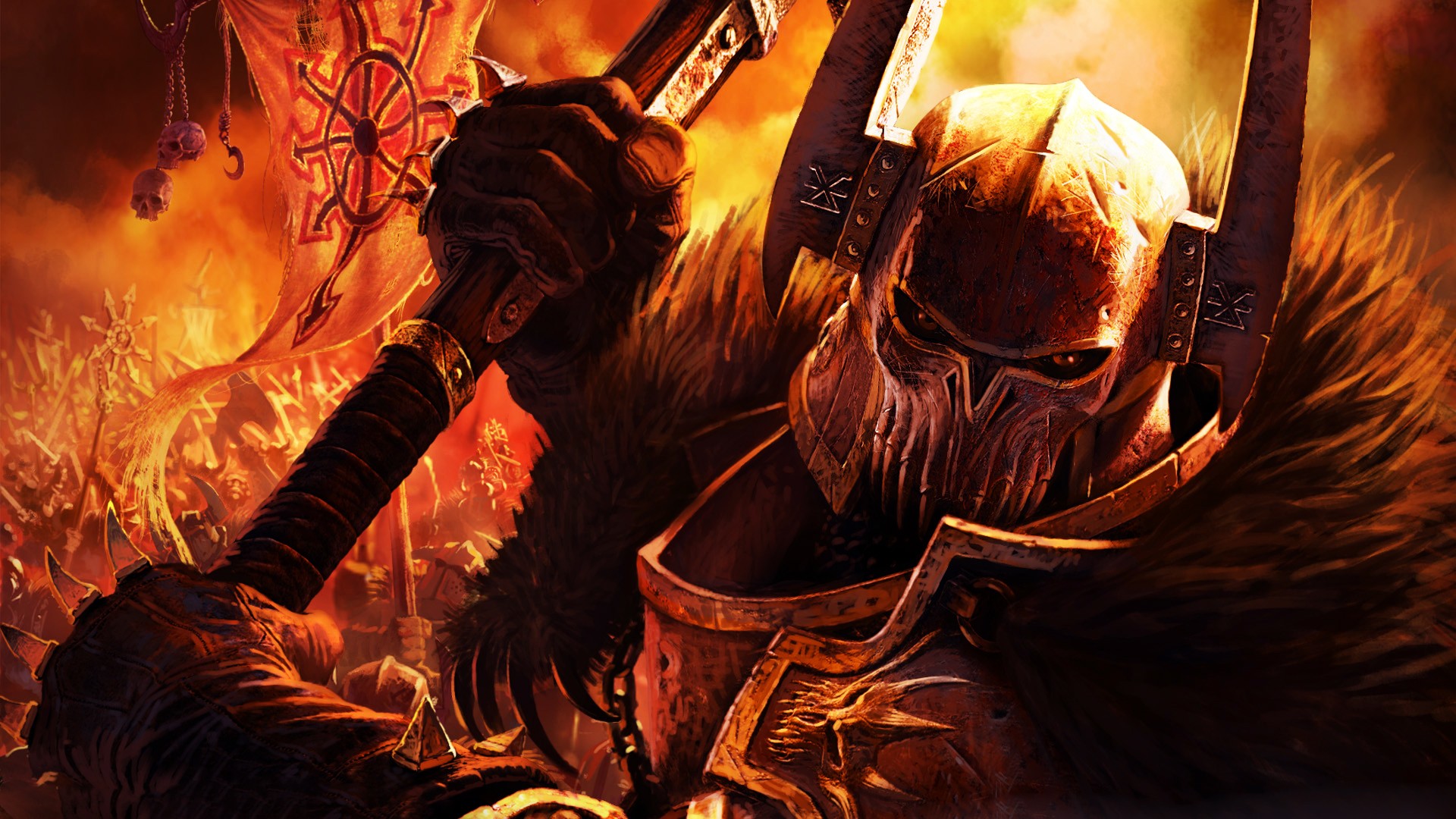 General 1920x1080 Chaos fire red war helmet Warhammer fantasy art digital art