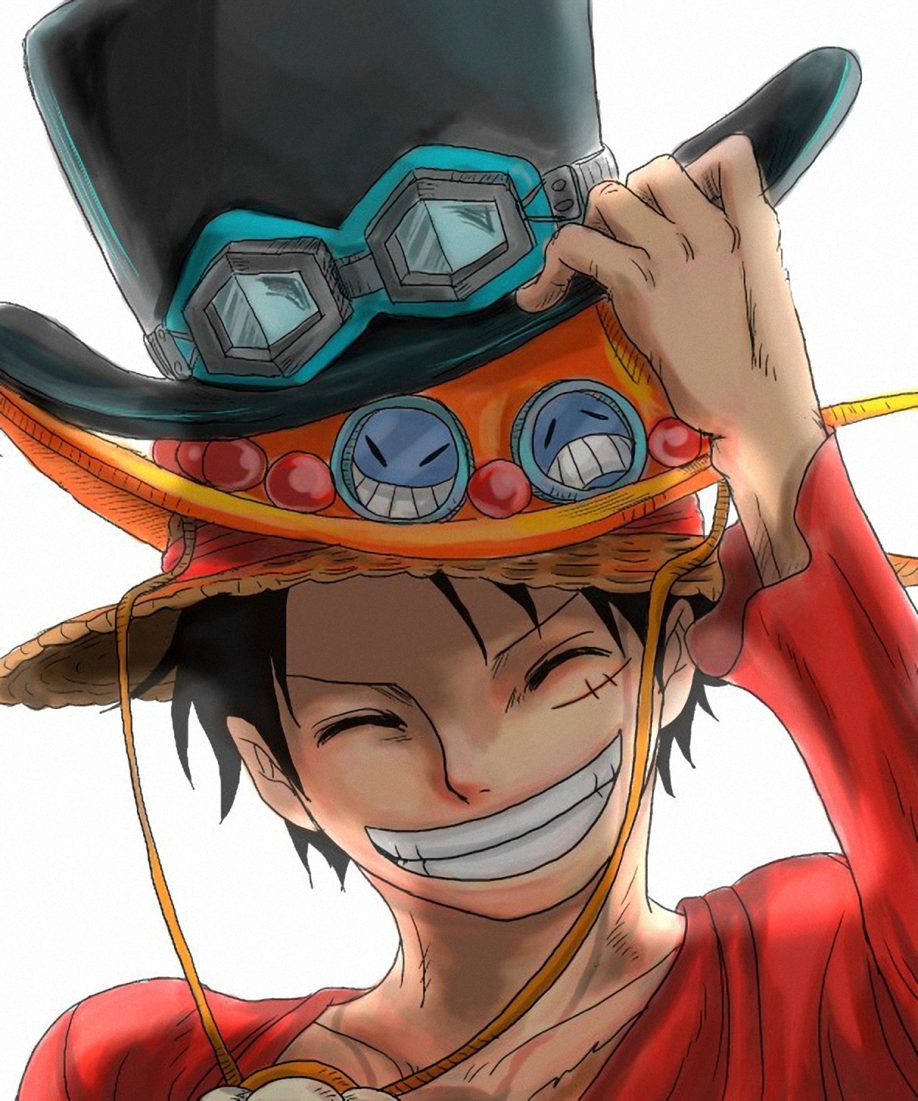 Anime 1328x1593 One Piece Monkey D. Luffy hat anime anime boys smiling white background simple background closed eyes face