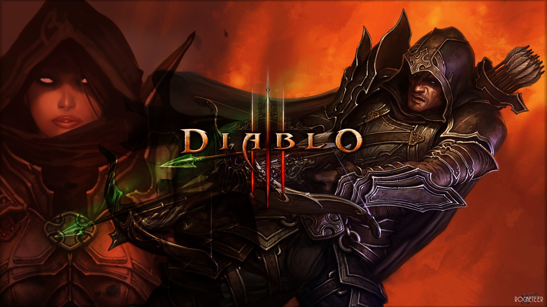 General 1920x1080 Diablo III video game art PC gaming fantasy art digital art video games watermarked hoods bow and arrow aiming video game characters title arrows video game men blue eyes parted lips video game girls