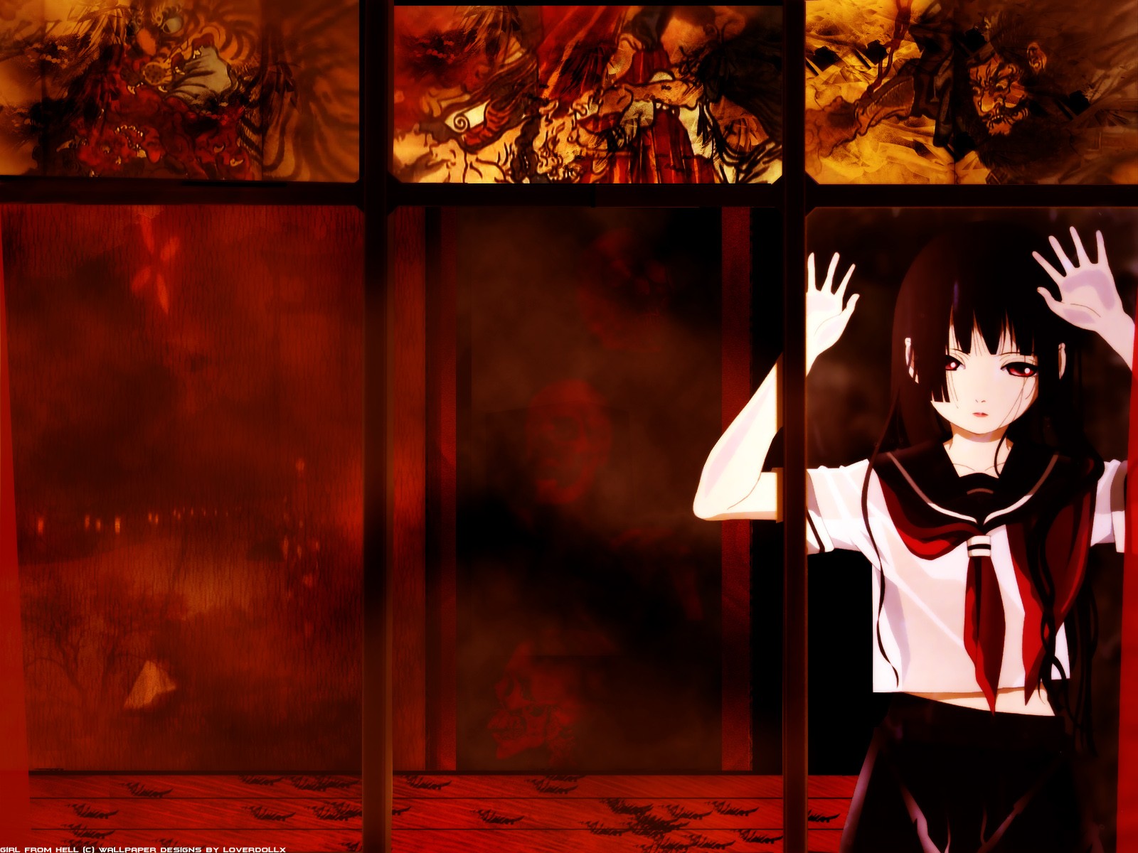Anime 1600x1200 Jigoku Shoujo Enma Ai dark hair window red eyes schoolgirl looking at viewer