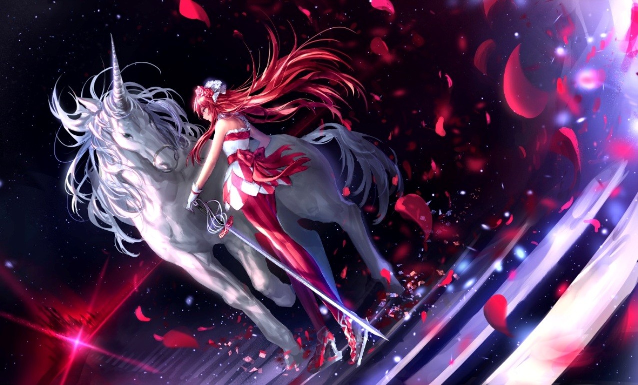 Anime 1277x771 anime girls anime unicorns petals horse redhead women with swords long hair fantasy art fantasy girl standing legs sword
