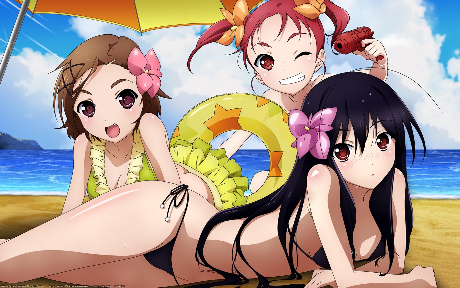 Anime 1500x938 Accel World anime girls anime group of women beach swimwear Kuroyukihime Chiyuri Kurashima Kouzuki Yuniko women trio
