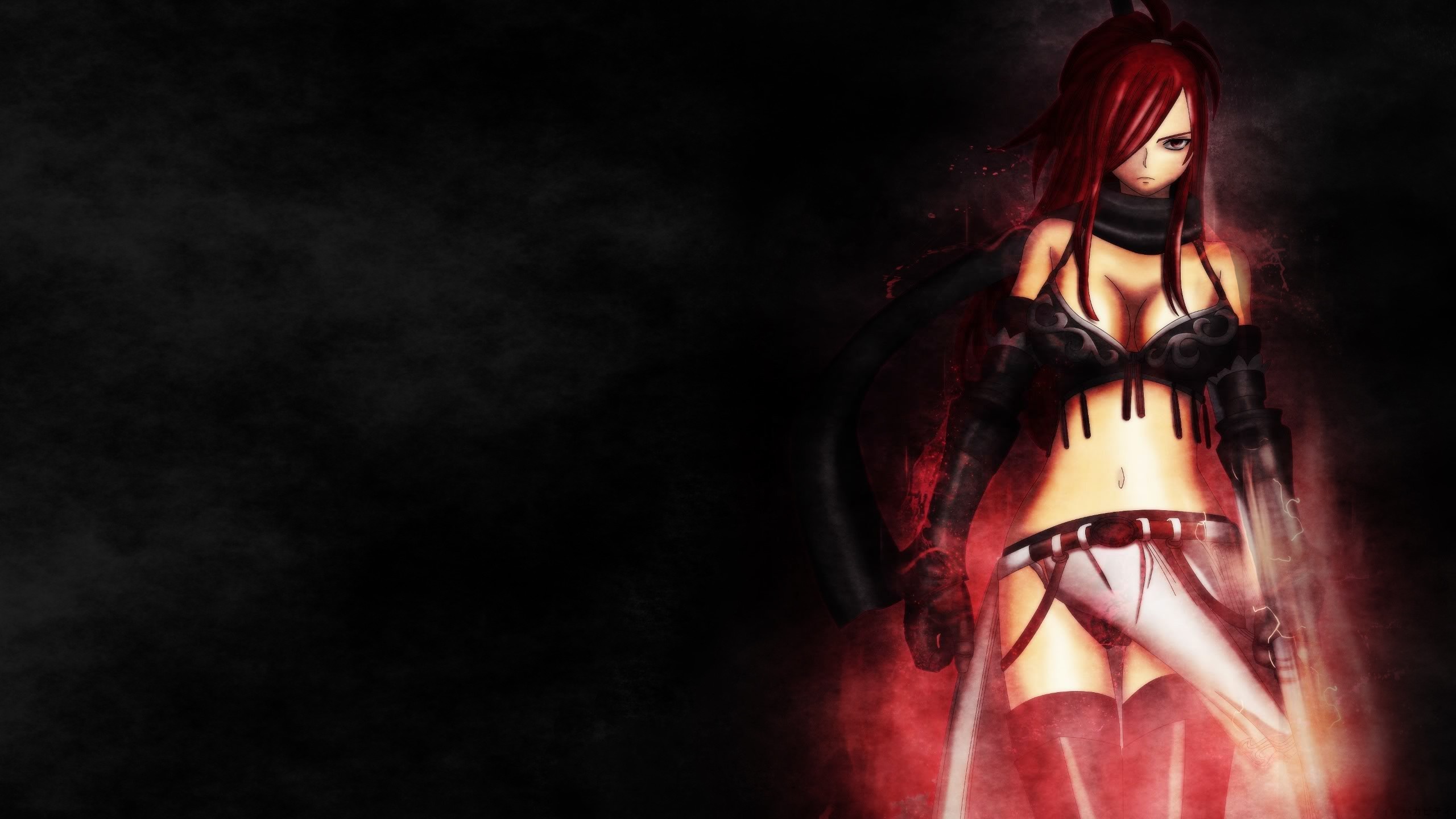 Anime 2560x1440 anime Fairy Tail Scarlet Erza boobs big boobs belly redhead women simple background black background hair over one eye bra stockings
