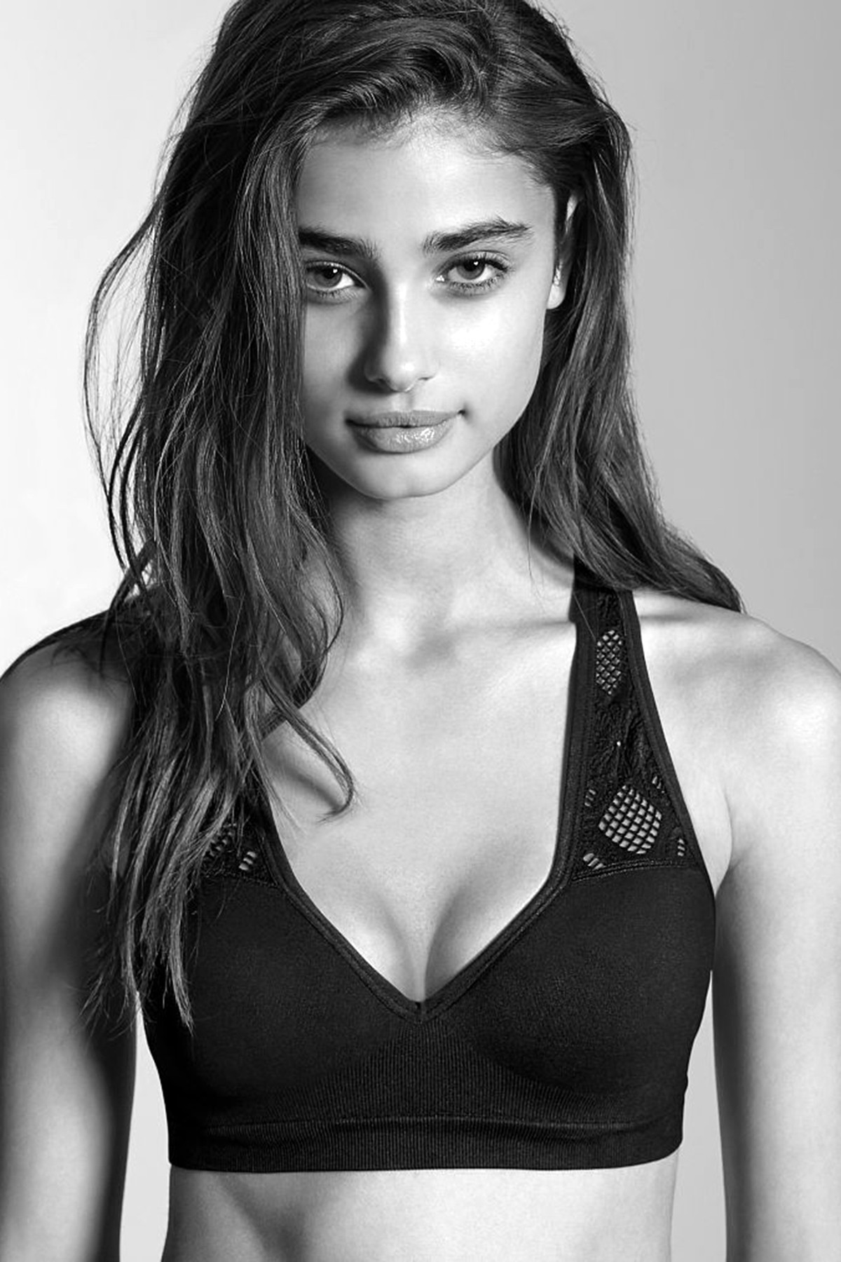 People 1200x1800 women sports bra model Taylor Hill monochrome brunette portrait studio cleavage face looking at viewer women indoors indoors long hair
