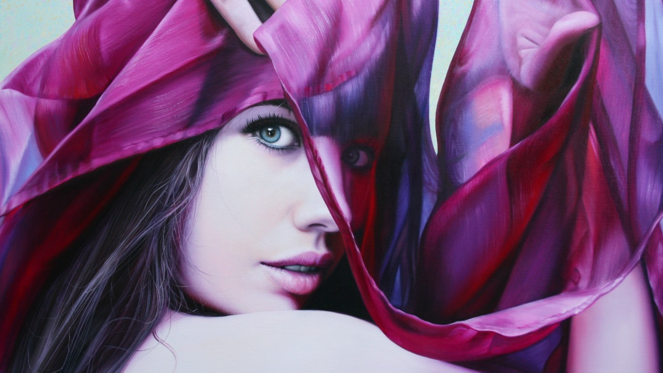 People 1366x768 fabric blue eyes bare shoulders portrait women painting Christiane Vleugels looking at viewer colorful pink lipstick dark hair