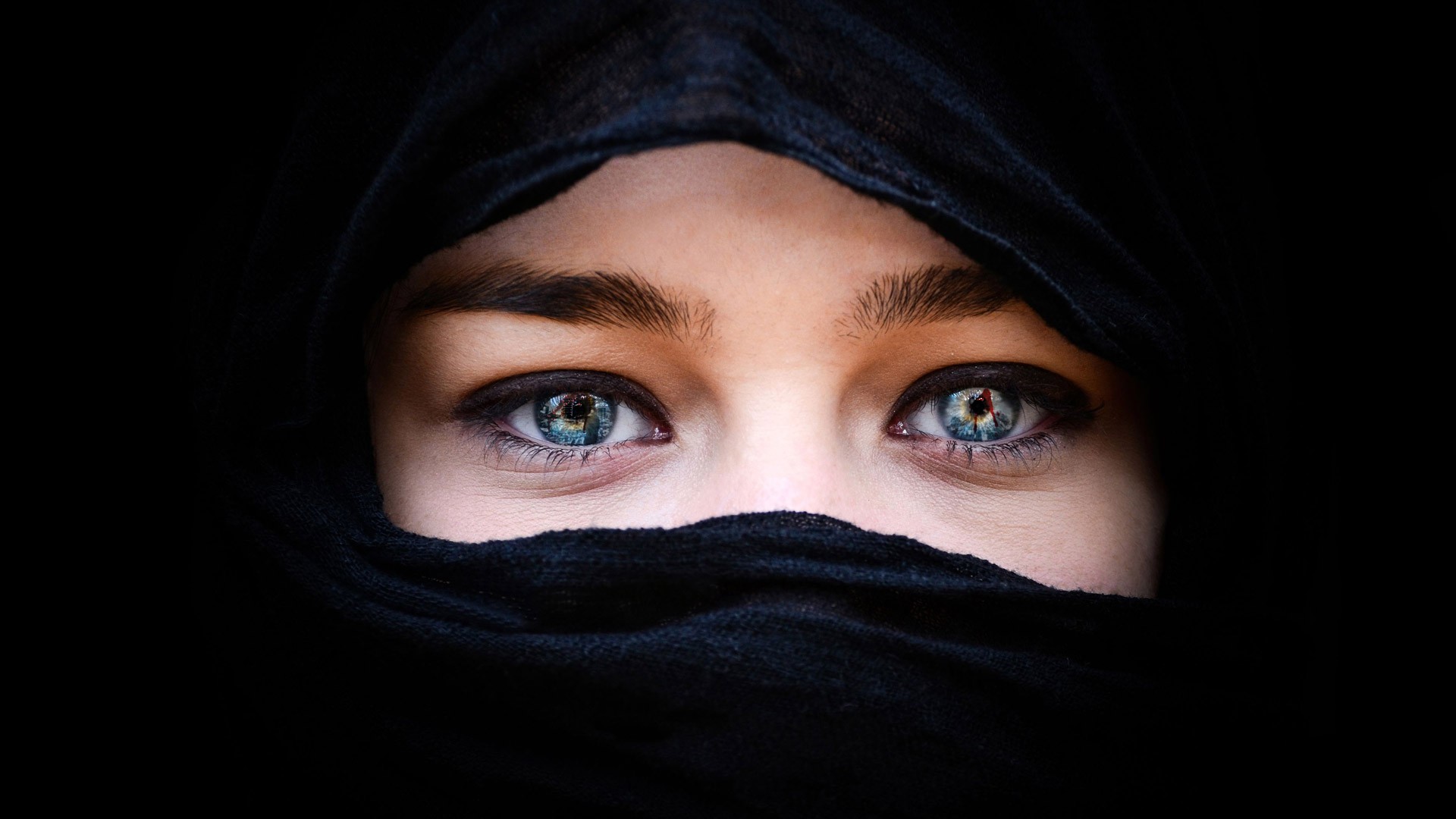People 1920x1080 Arabic women covering face eyes face simple background black background looking at viewer