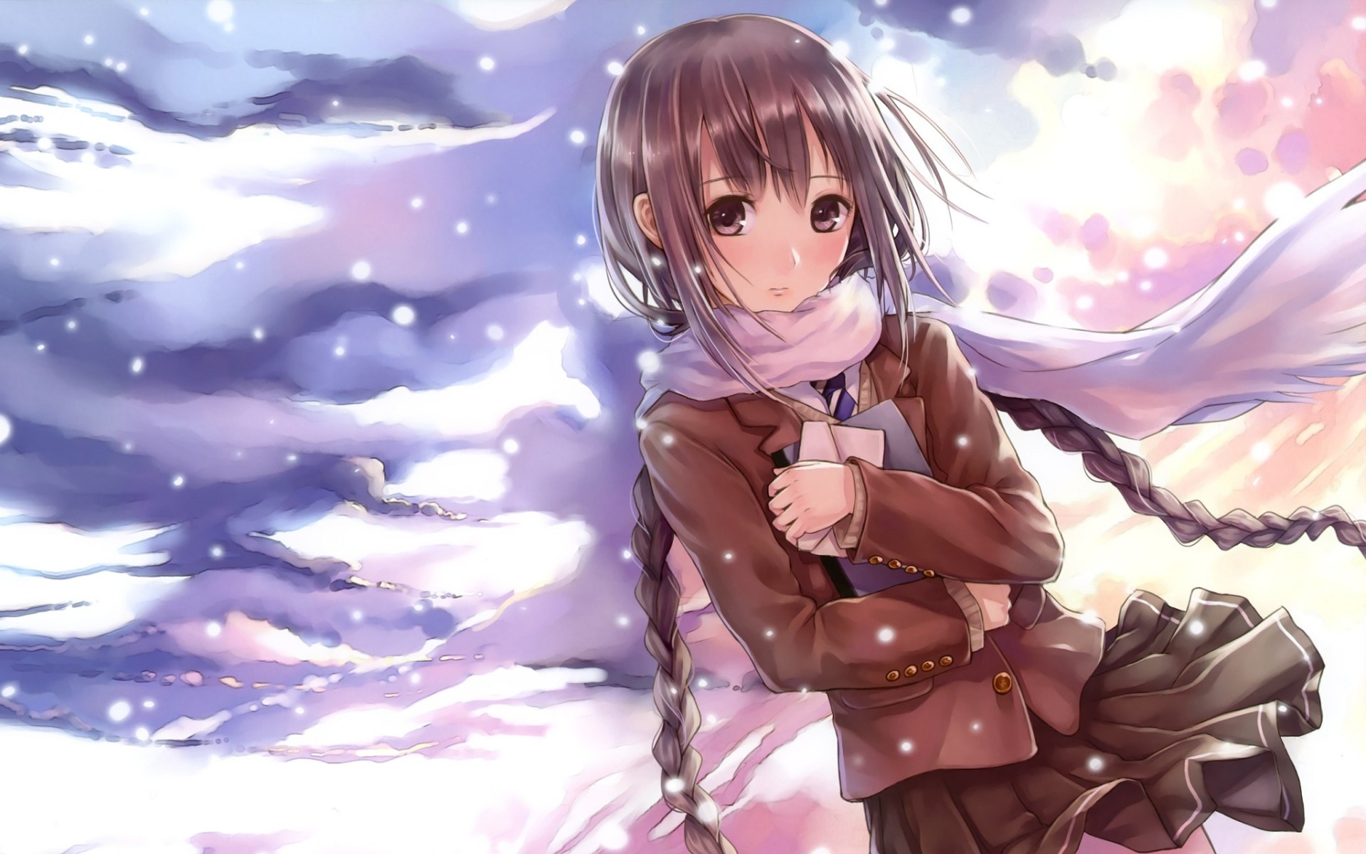 Anime 1920x1200 anime anime girls schoolgirl winter snow cold braids women outdoors outdoors long hair looking at viewer brunette