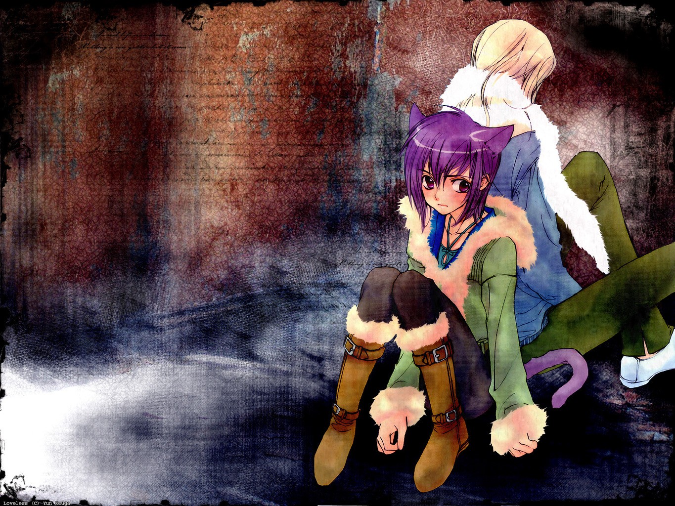 Anime 1365x1024 anime anime girls purple hair tail animal ears sitting knees together
